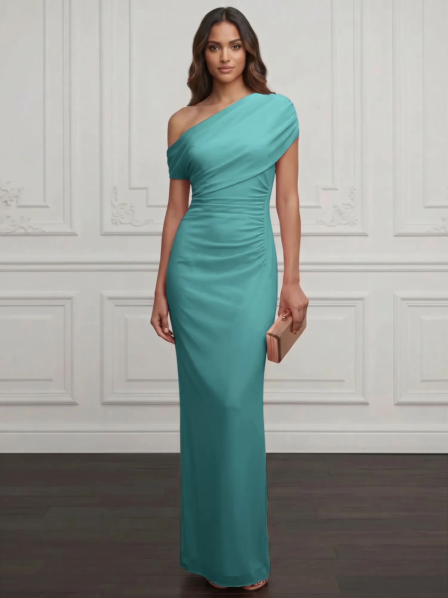One-Shoulder Draped Chiffon Evening Gown