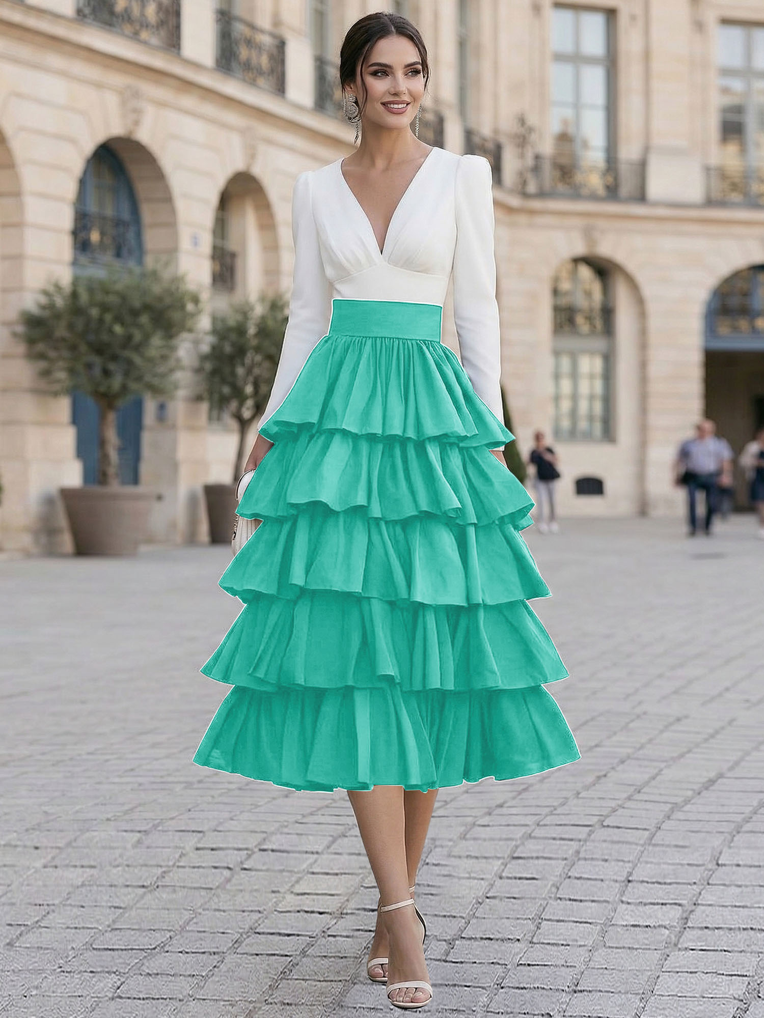 Elegant V-Neck Long Sleeve Tiered Ruffle Midi Dress with Contrast Waistband