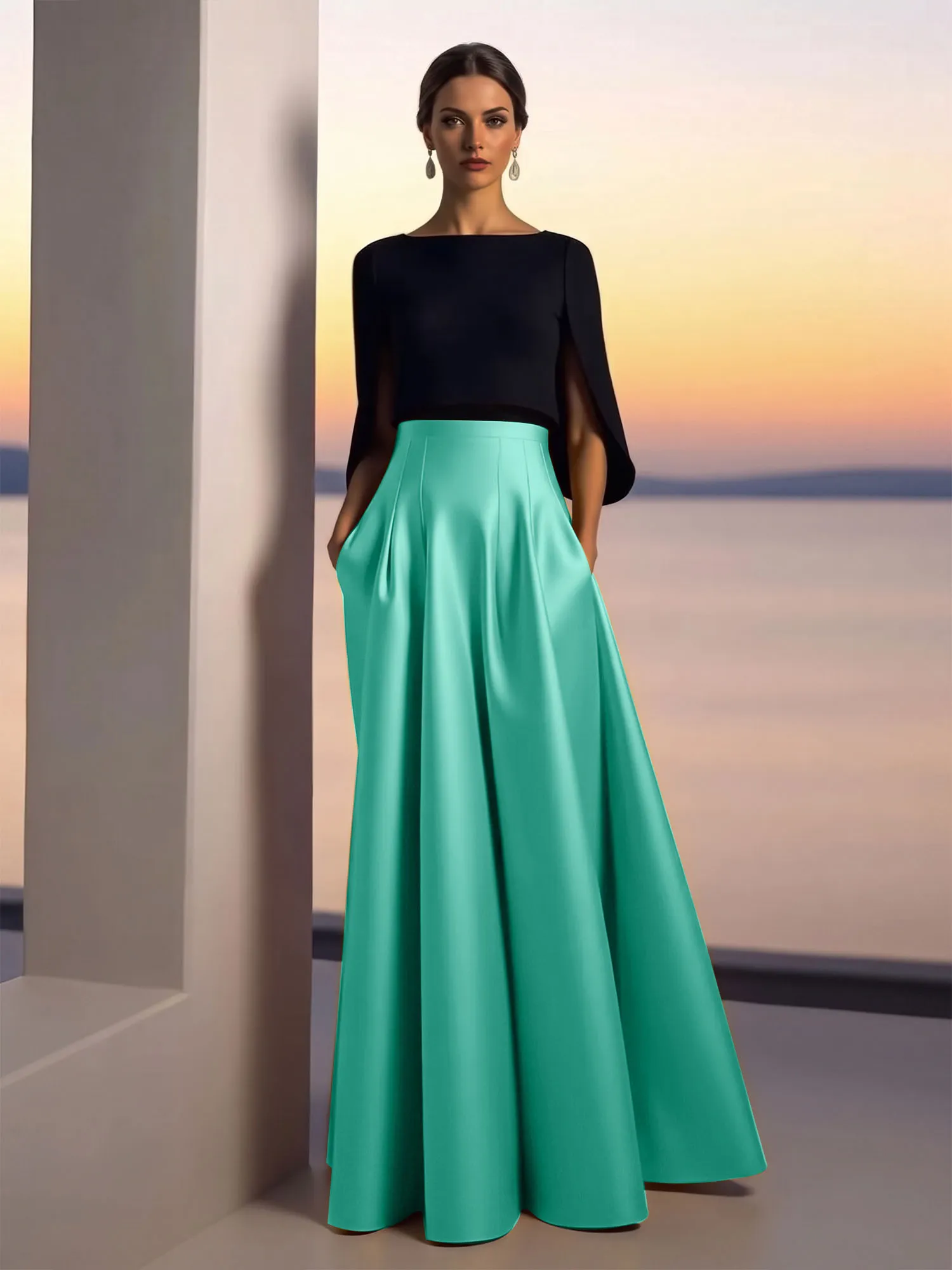 Two-Piece Cape Sleeve Satin Ball Gown Evening Dress