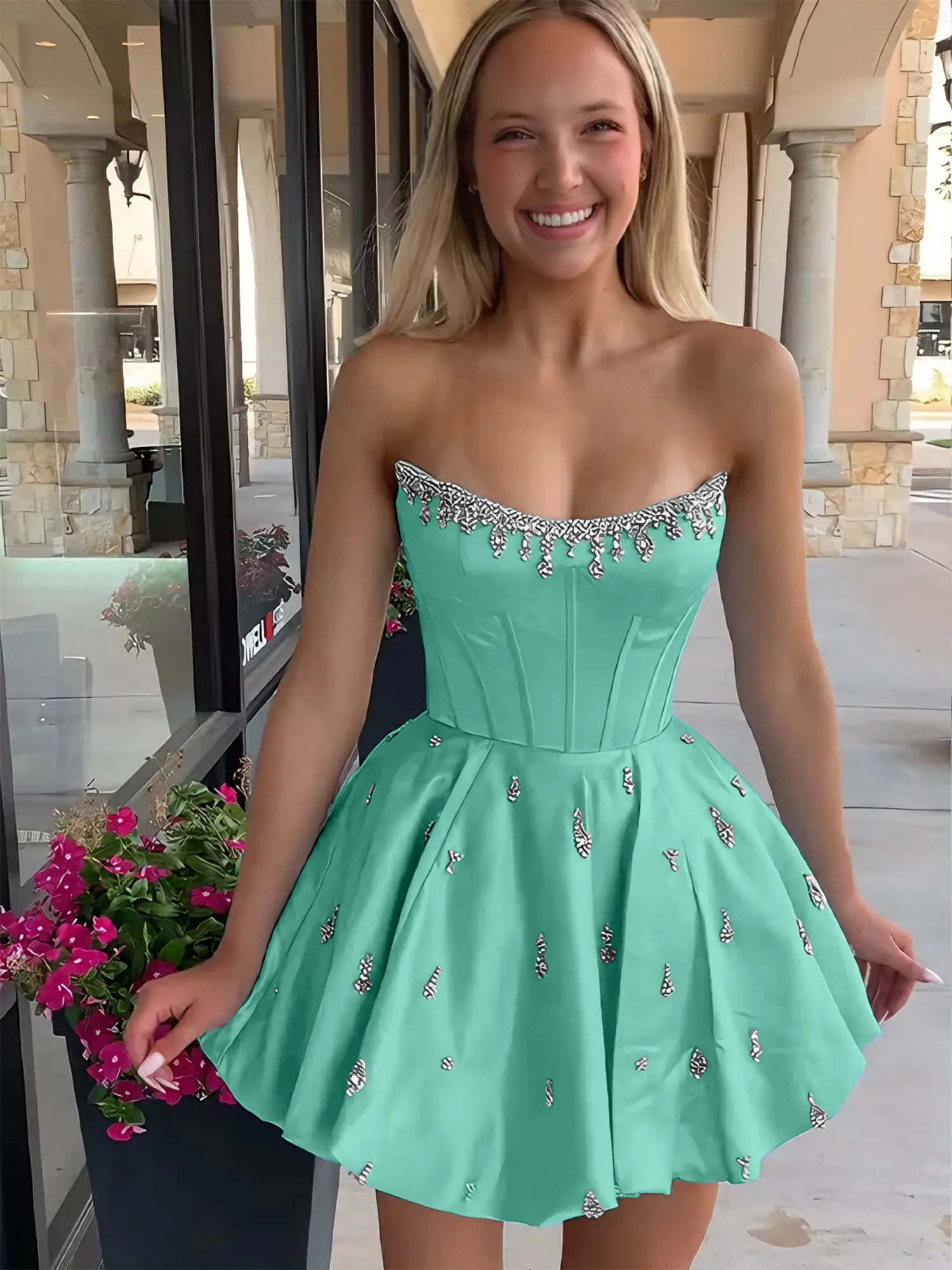 Strapless Beaded Corset Lace-Up Back Satin Homecoming Dress