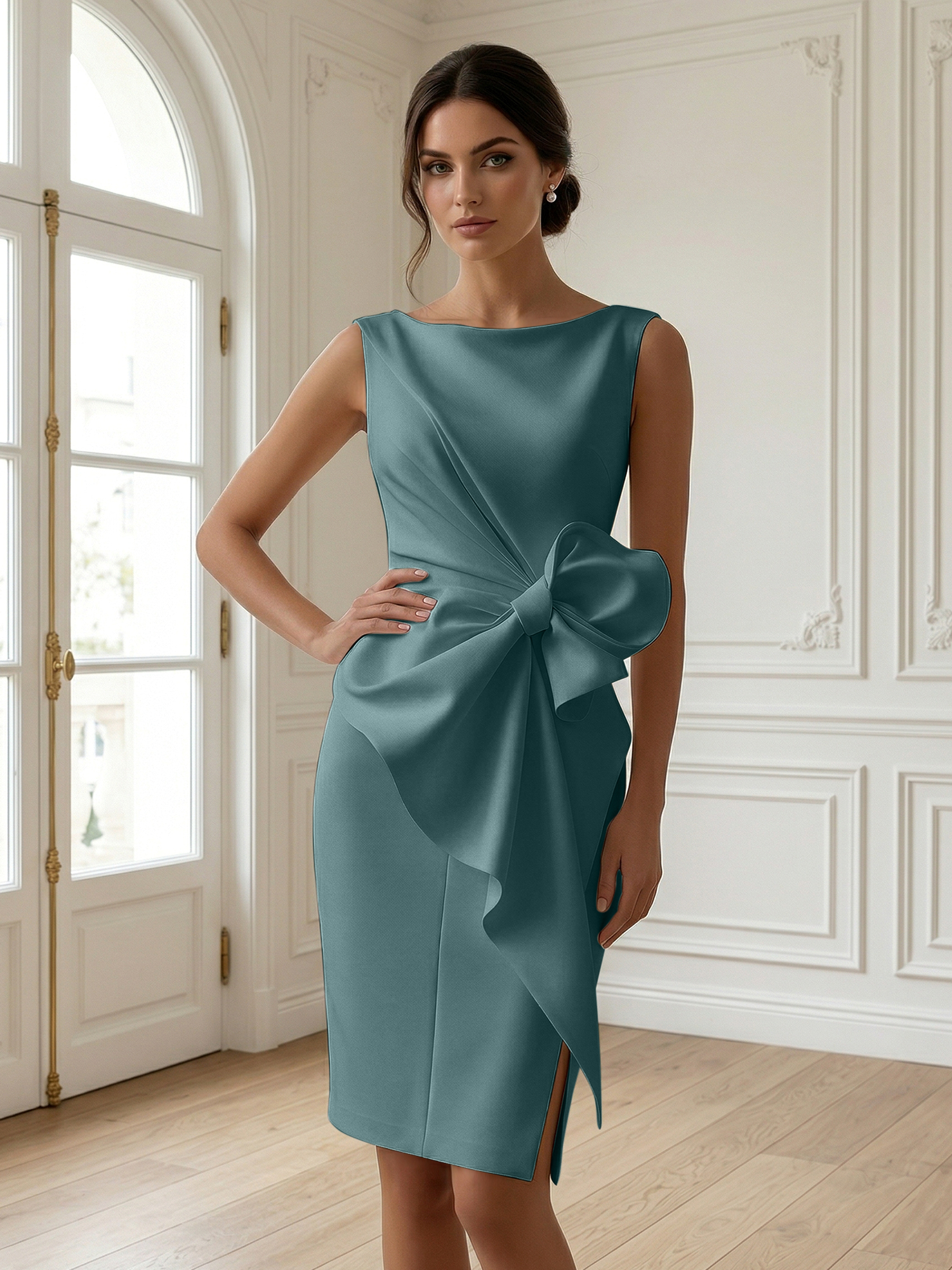 White 3D Bow Sleeveless Sheath Midi Dress Evening Gown