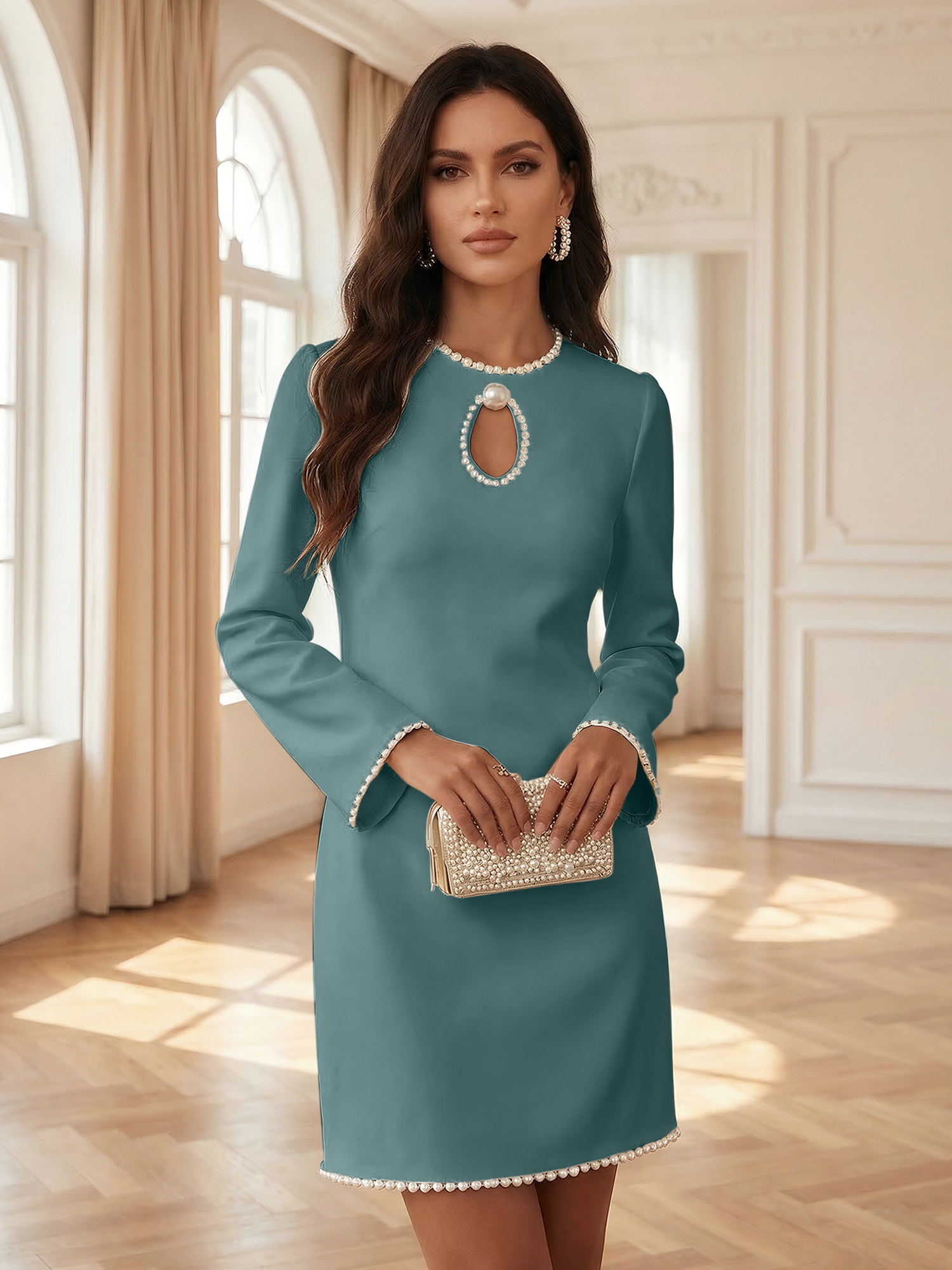 White Pearl Hollow Out Classic Crew Neck Long Sleeve Shift Mini Dress Gown