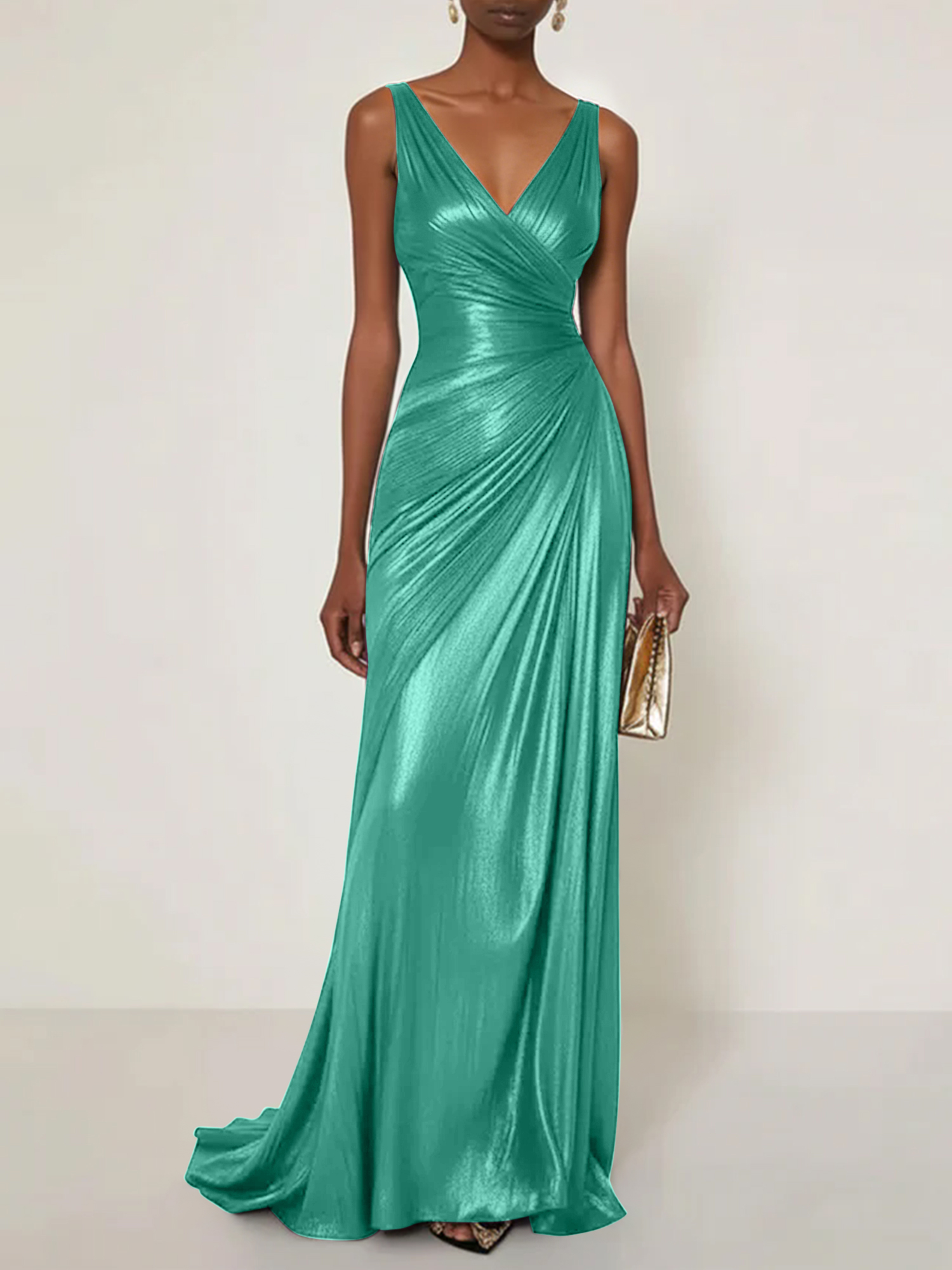 Evening Formal Dress V Neck Silk Ruffles Maxi Dress Gown