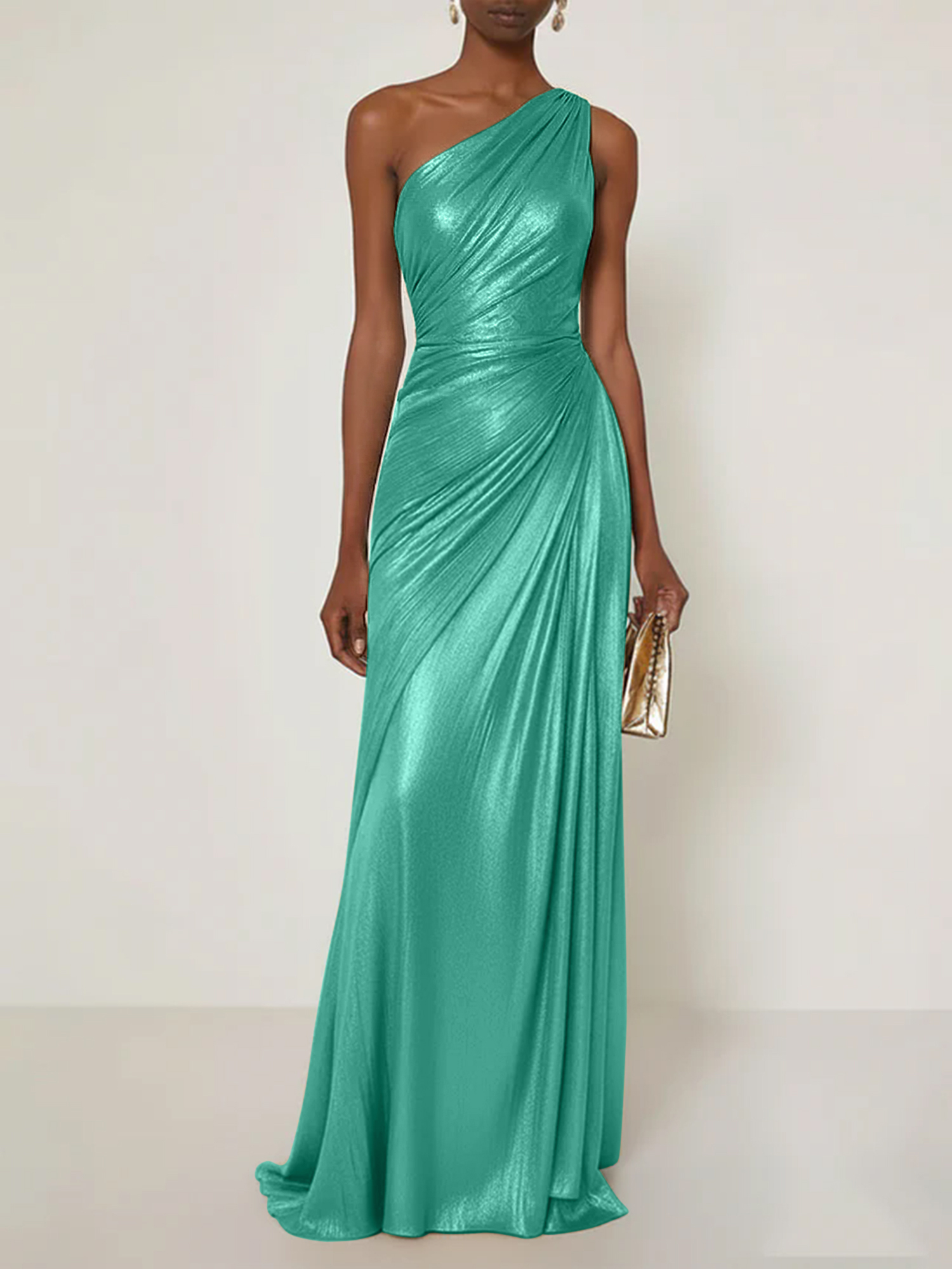 Evening Formal Dress V Neck One Shoulder Silk Ruffles Maxi Dress