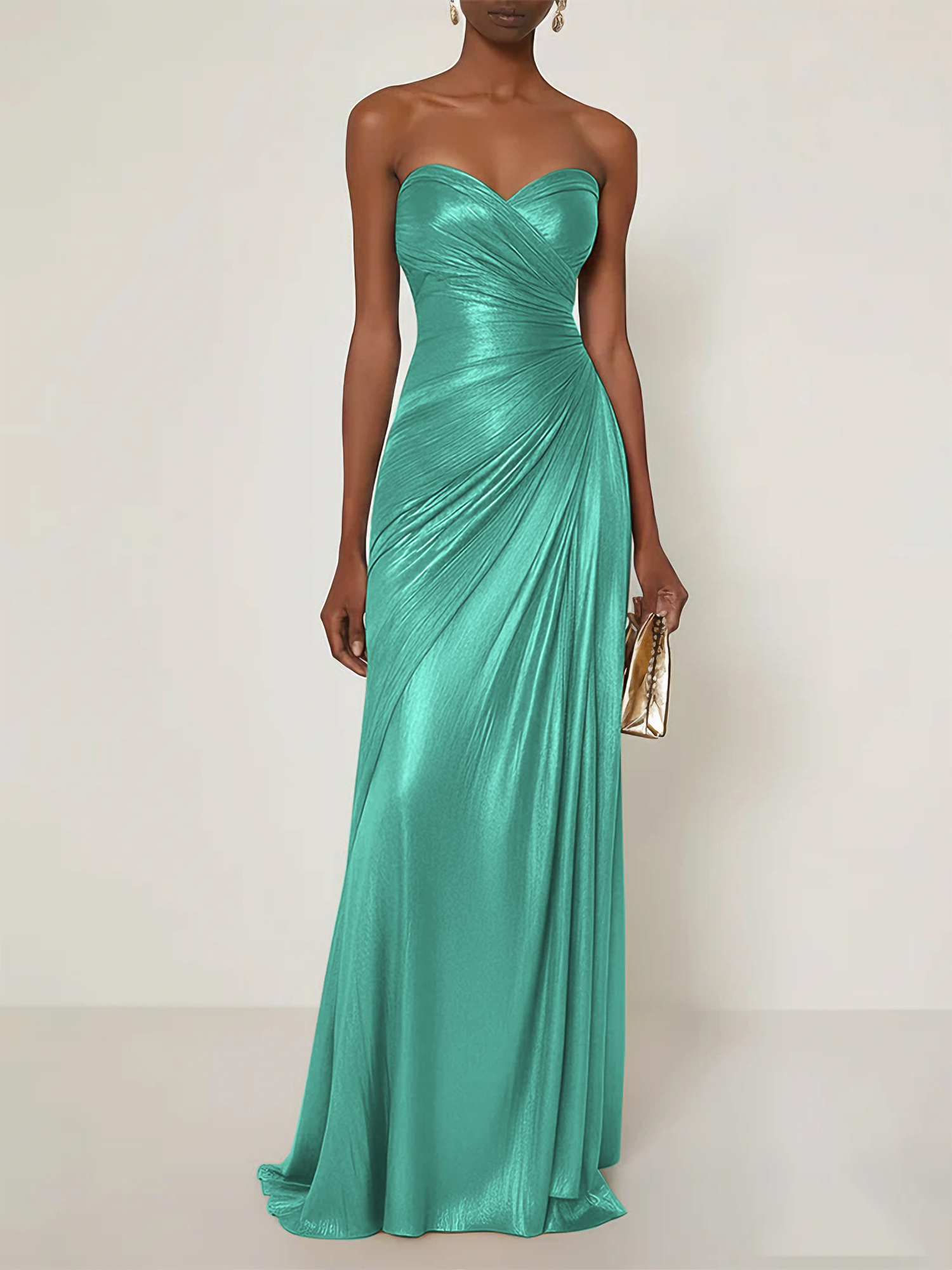 Evening Formal Dress V Neck Silk Ruffles Strapless Maxi Dress