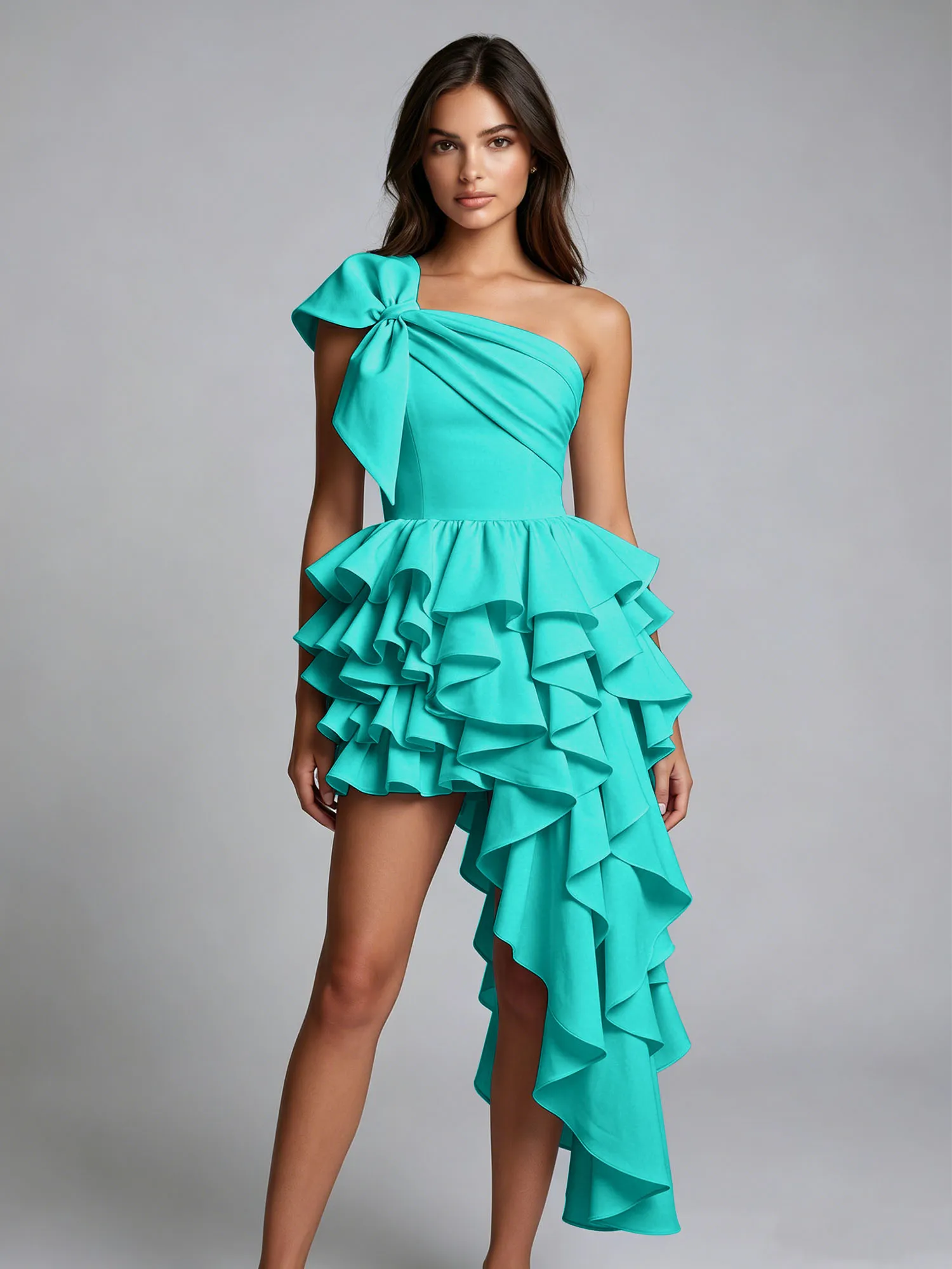 One-Shoulder Bow Tiered Ruffle Asymmetrical Homecoming Dress