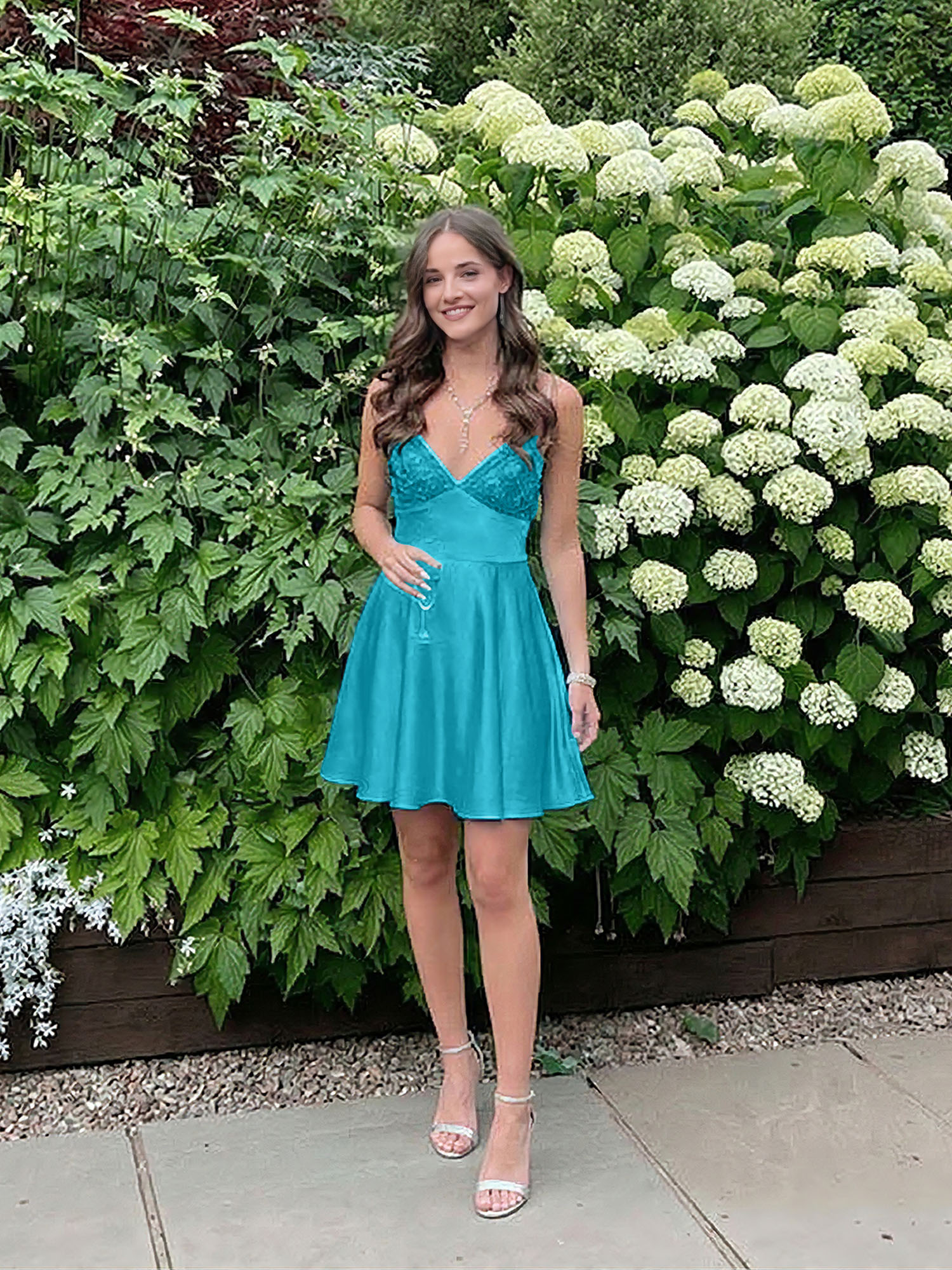 Blue A Line V-neck Beaded Back Tie Short Homecoming Mini Dress