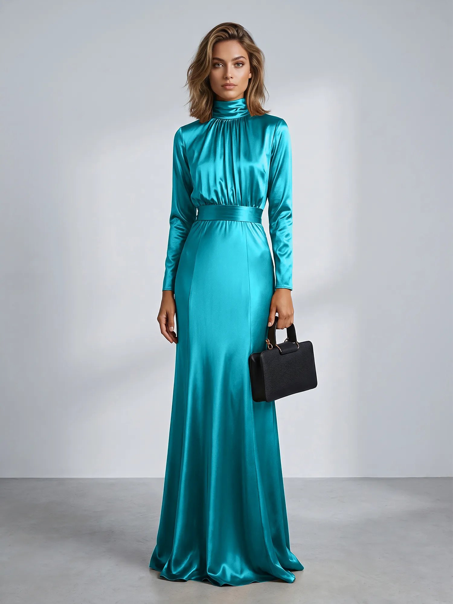 High Neck Long Sleeve Satin Mermaid Evening Gown with Waist Sash