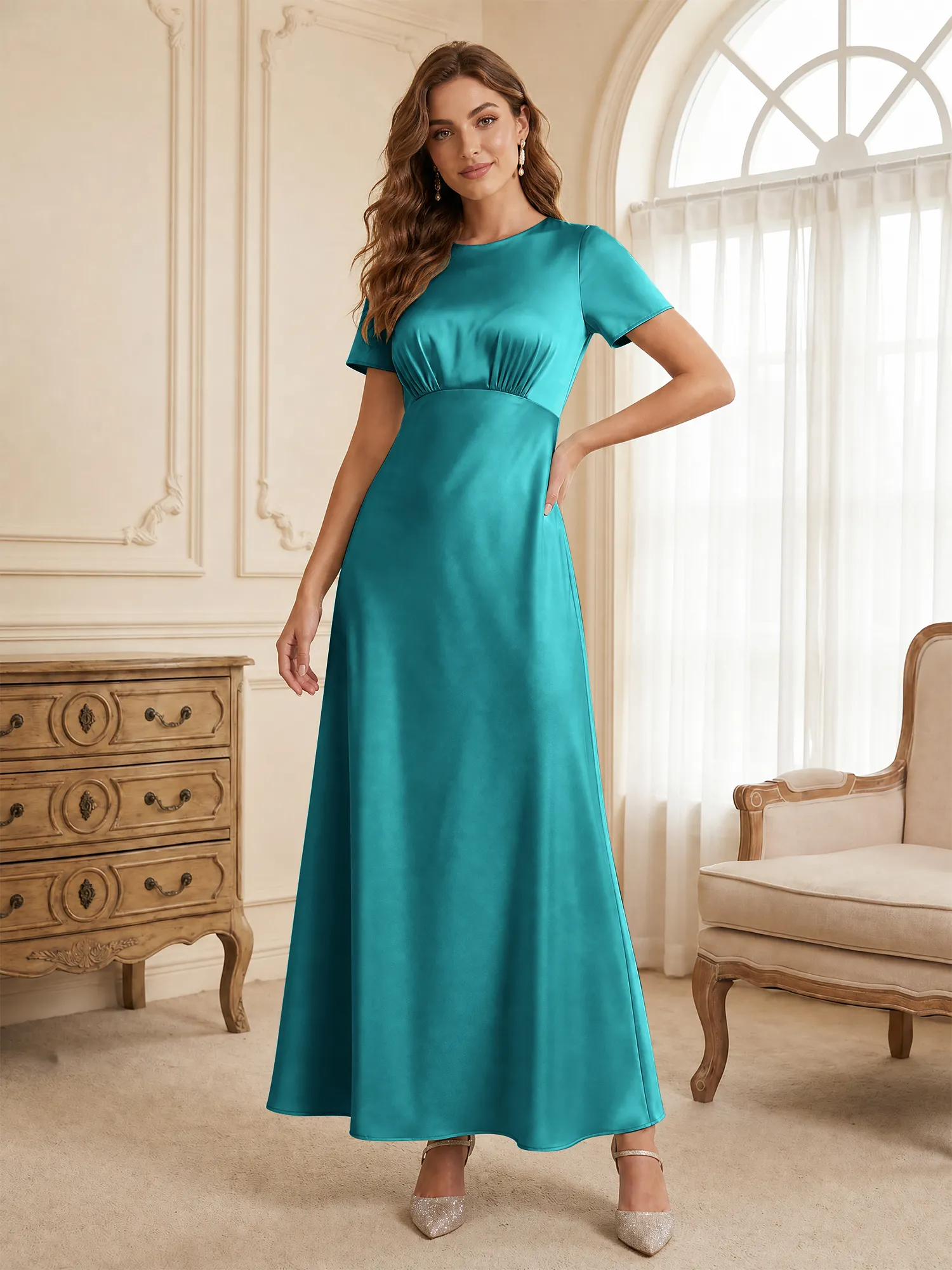 Round Neck Short Sleeve Satin Bridesmaid Dress