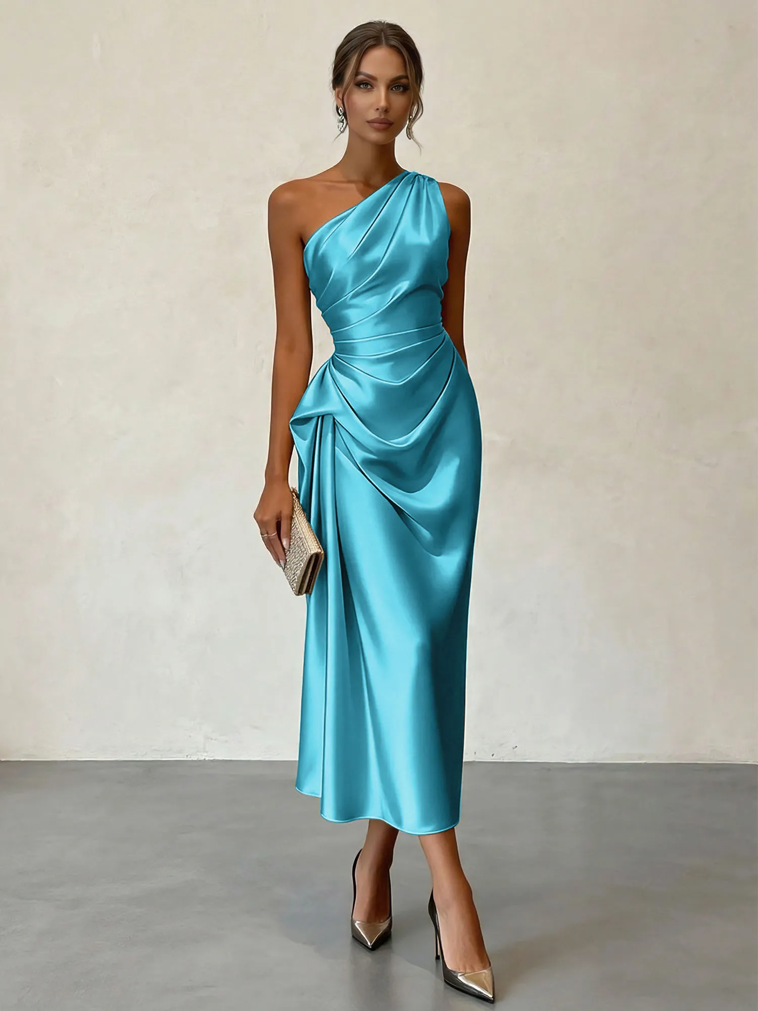 One-Shoulder Ruched Satin Midi Evening Dress with Draped Detail