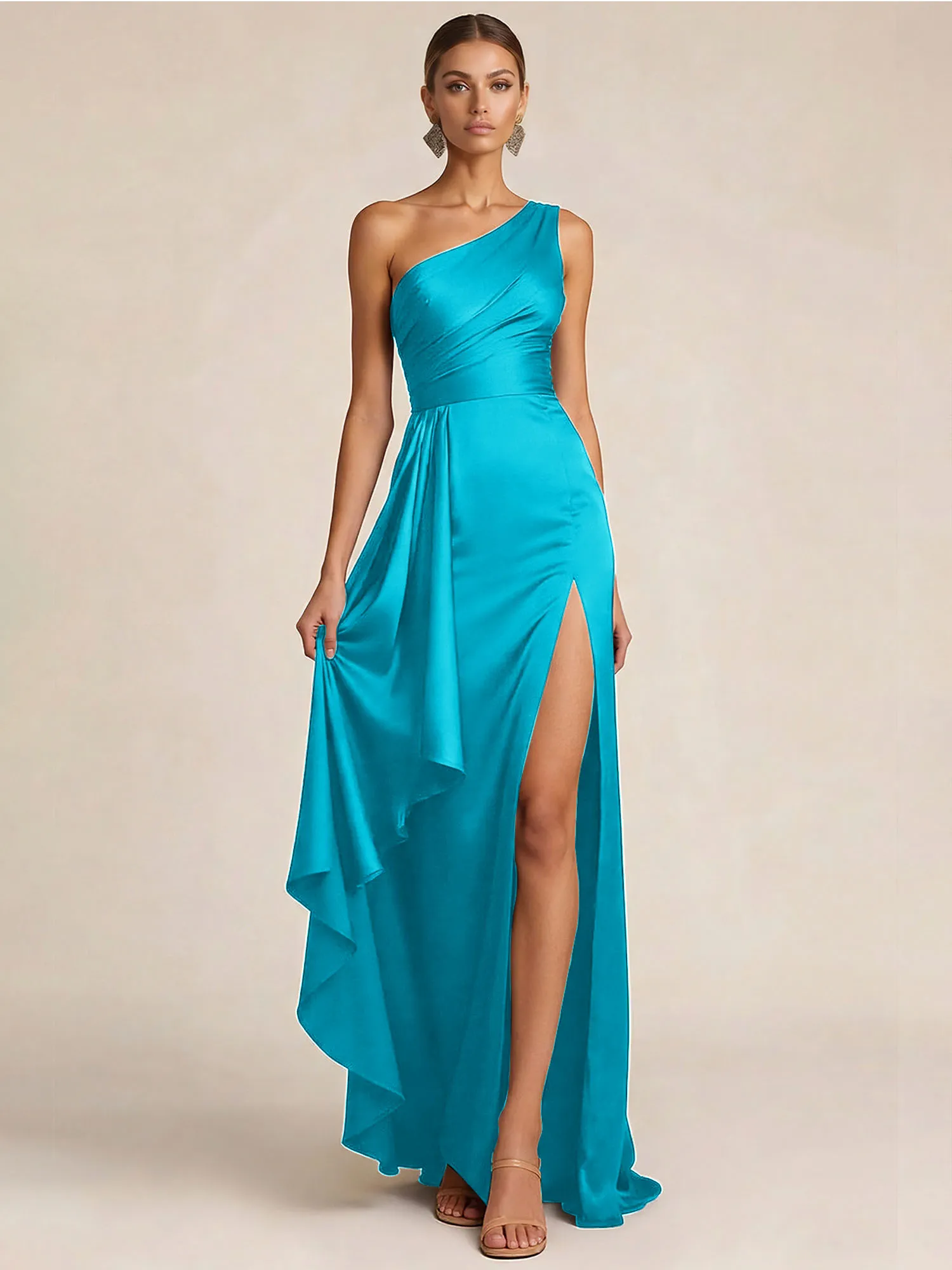 Sleek Foraml Evening Gown Midnight Navy One-Shoulder Satin Slit Maxi Dress