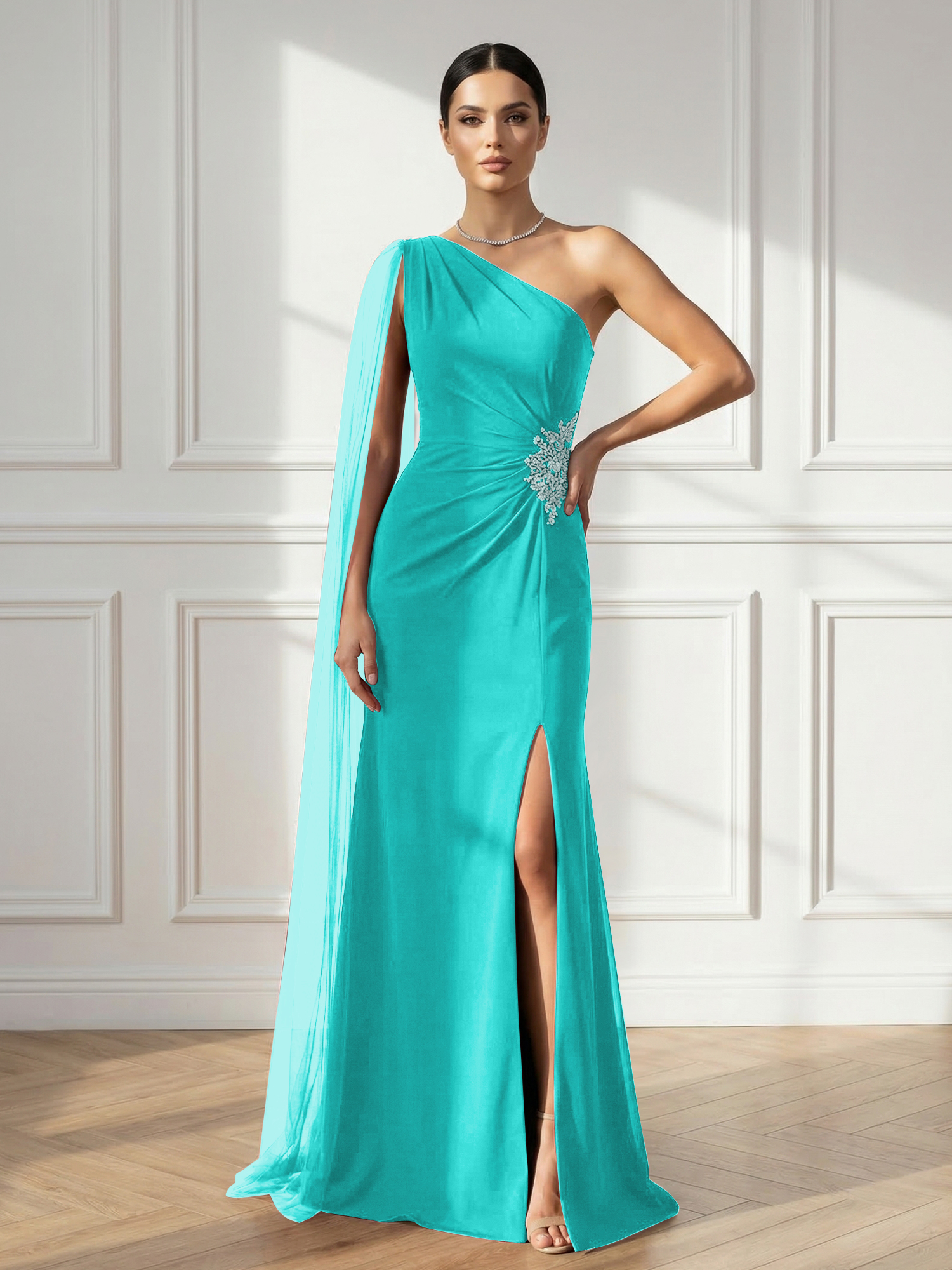 Formal Evening Dress Burgundy One Shoulder Slit Maxi Dress Gown