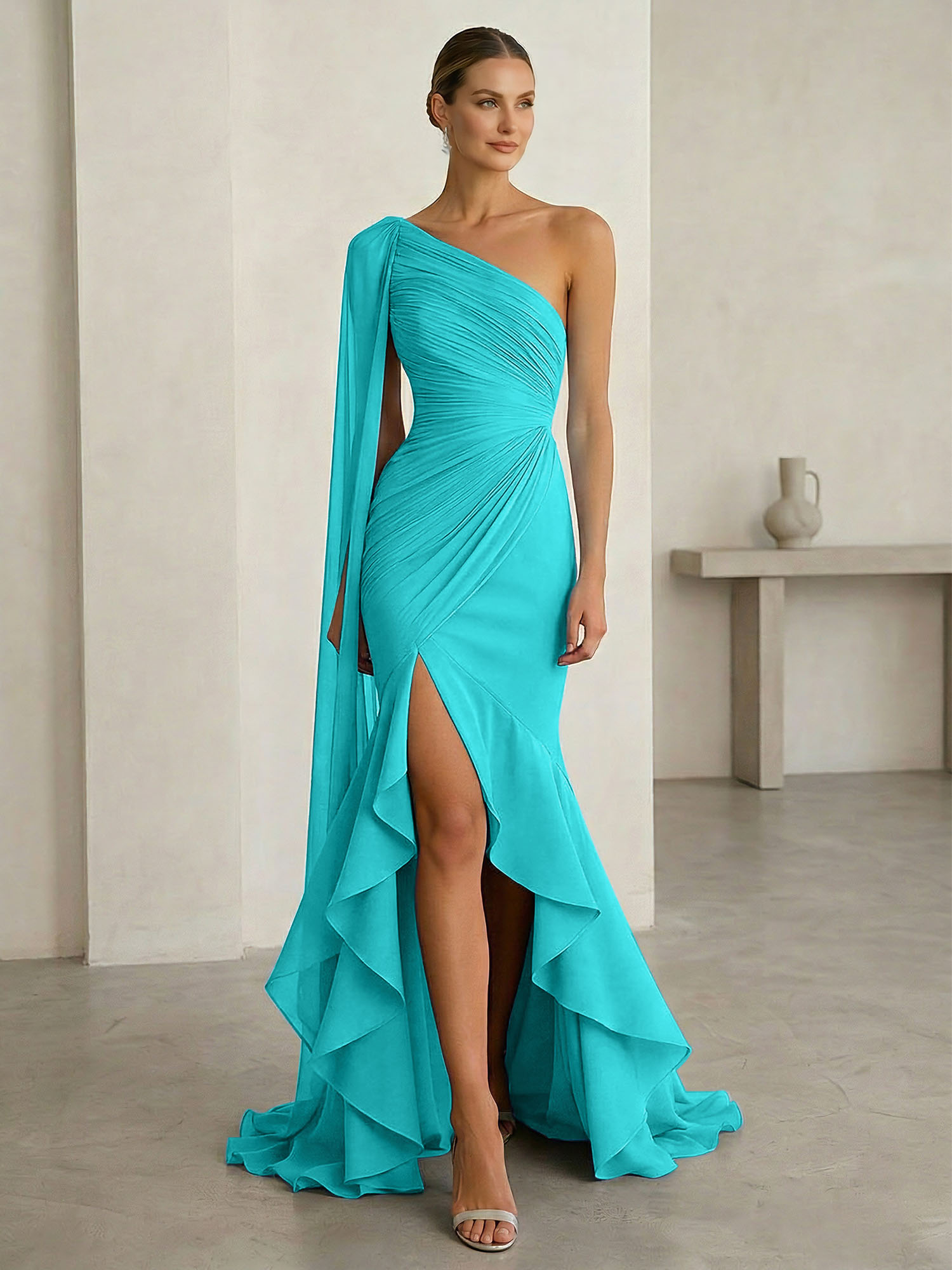 One-Shoulder Cape Sleeve Draped Mermaid Gown with Ruffle Hem