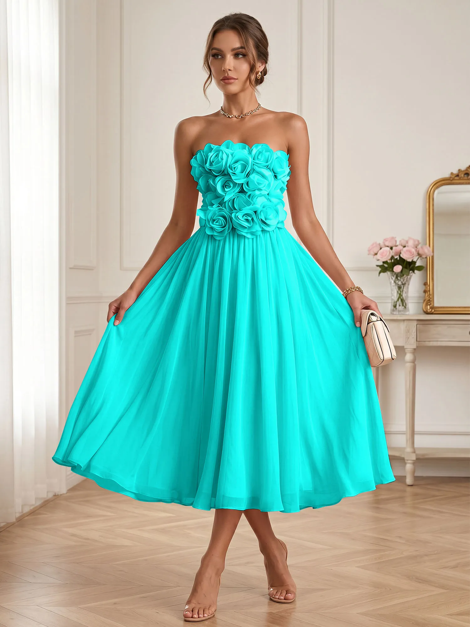 Strapless 3D Floral Chiffon A-Line Midi Formal Dress