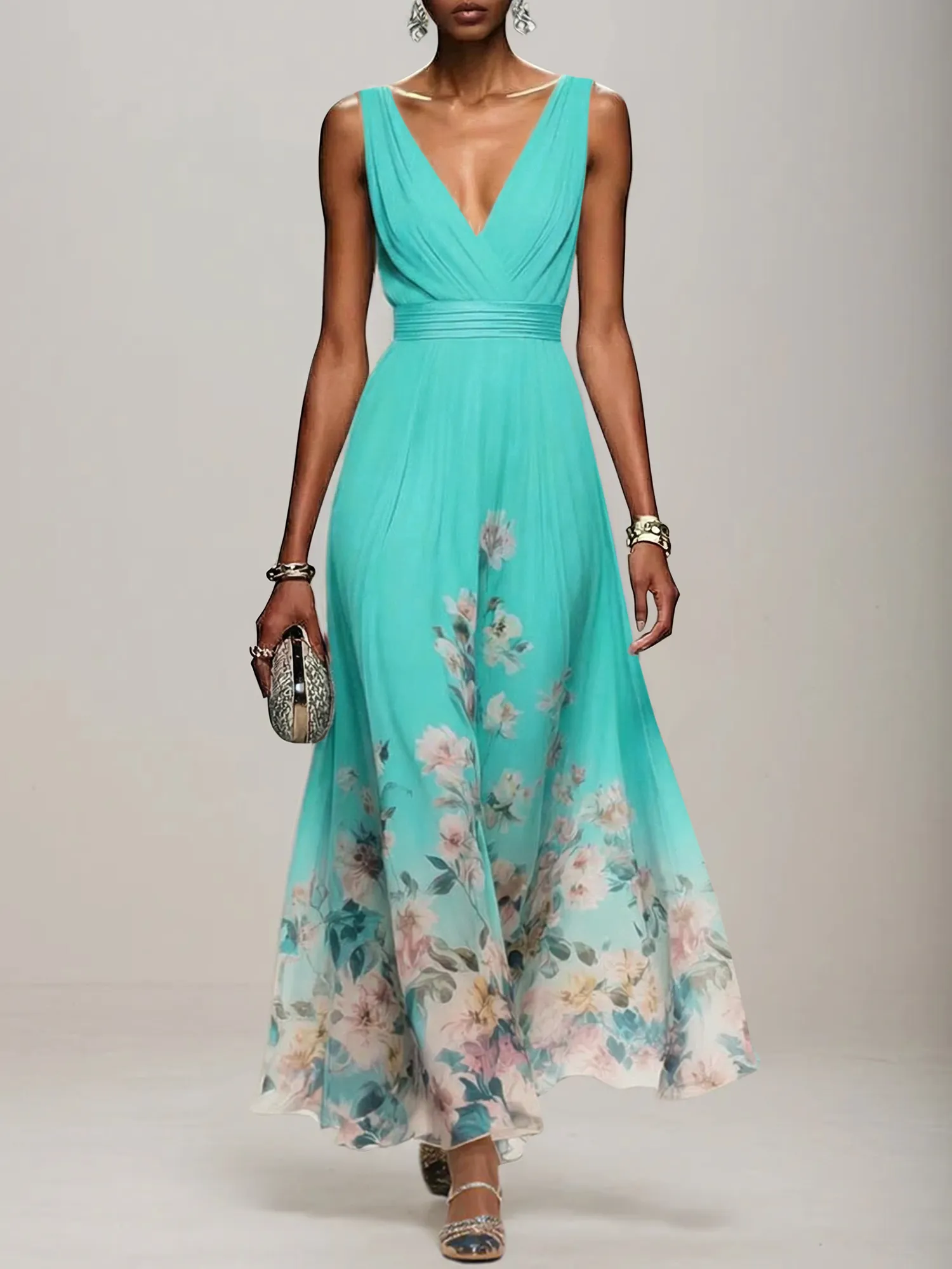 V-Neck Floral Print Chiffon Maxi Evening Dress with Satin Waist Bow