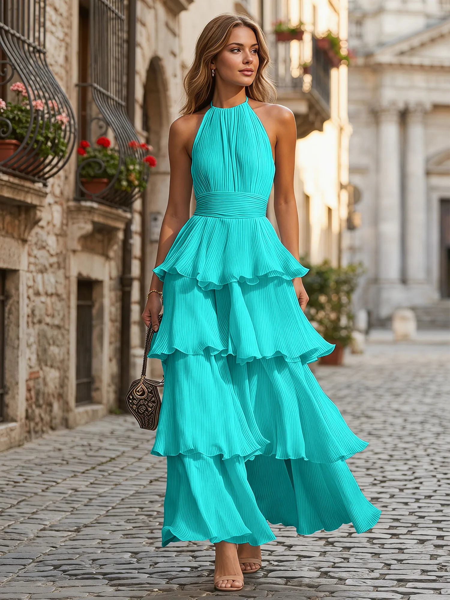 A Line Halter Neck Tiered Ruffle Chiffon Evening Dress