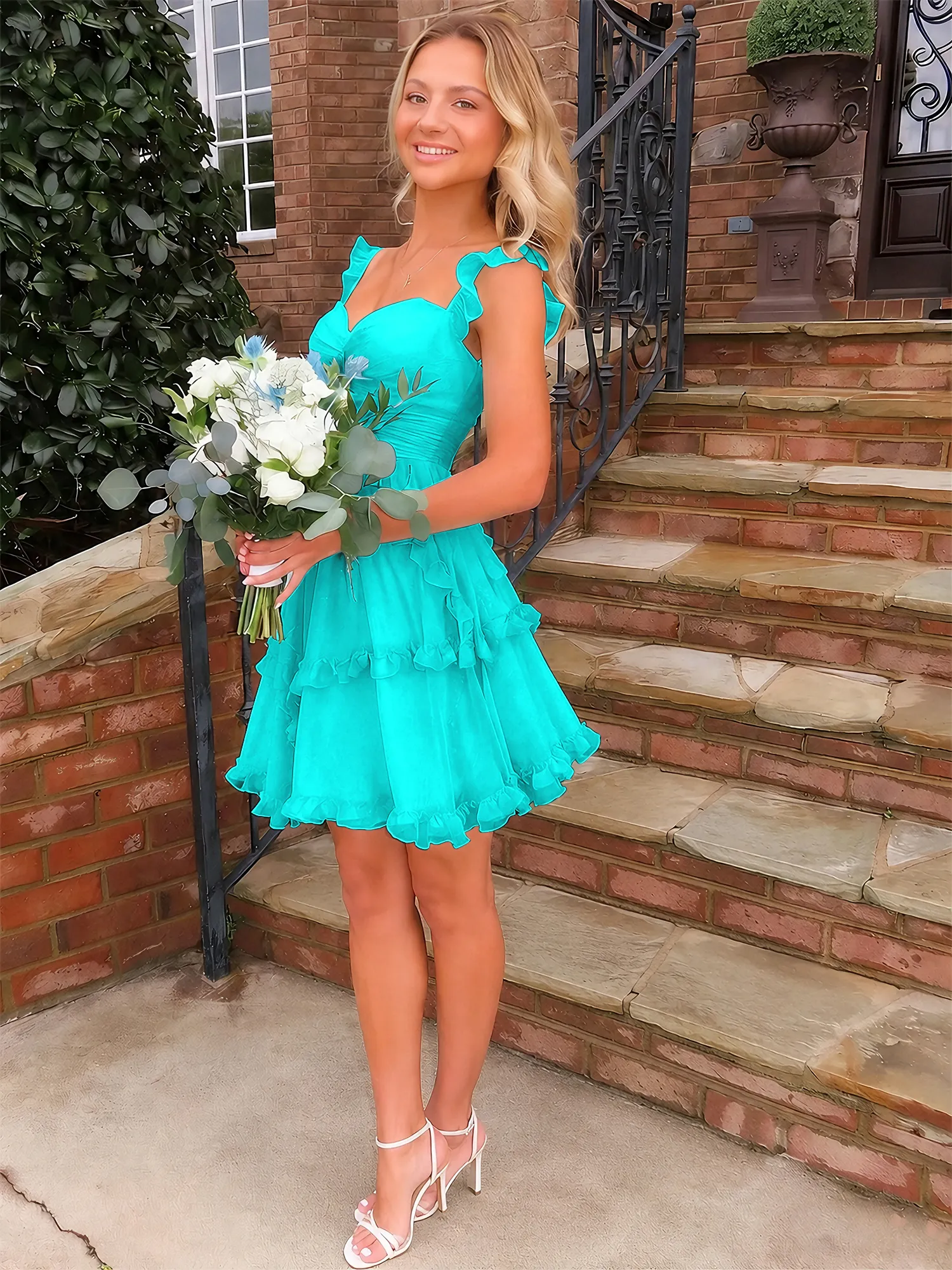 A Line Ruffled Tiered Chiffon Homecoming Dress with Lace-Up Back
