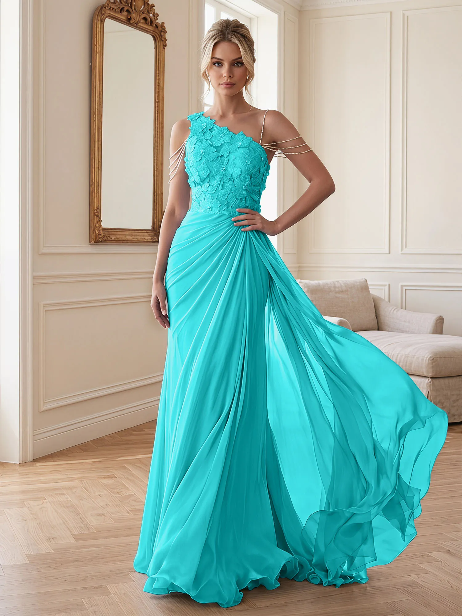 One-Shoulder Floral Lace Chiffon Evening Gown