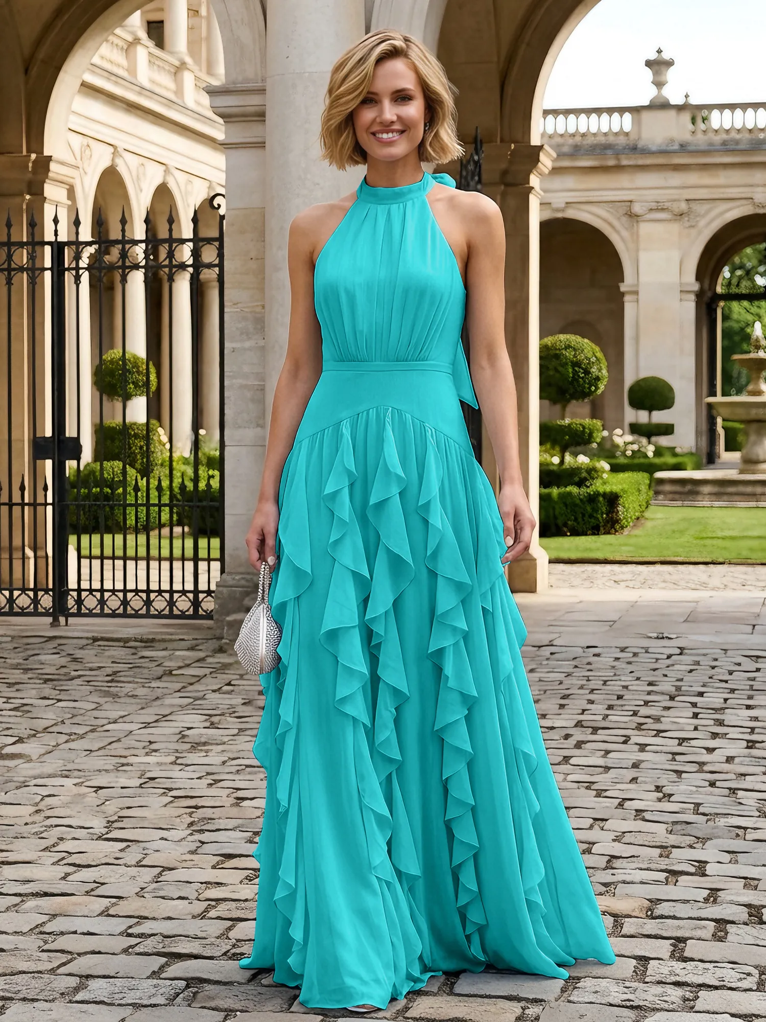 Halter Neck Ruffled Chiffon Evening Gown Maxi Dress