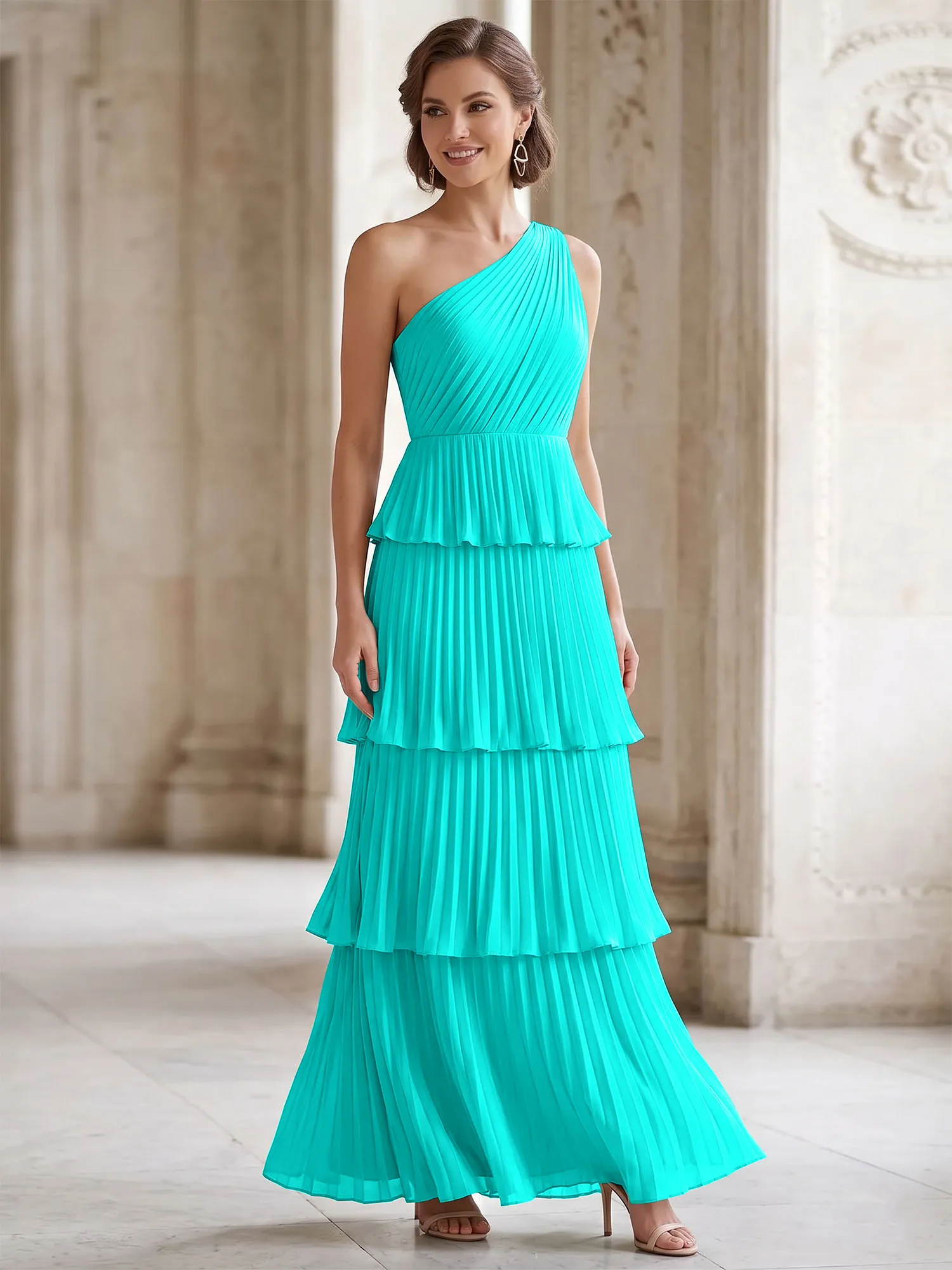 One-Shoulder Tiered Pleated Chiffon Evening Gown