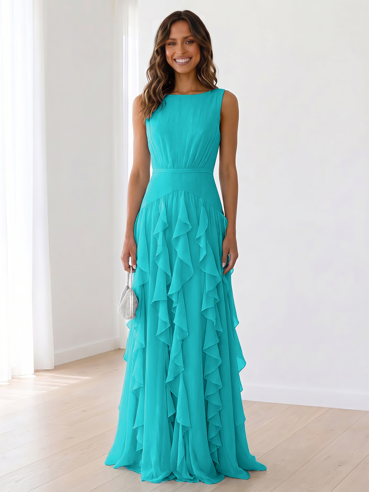 Ethereal Powder Blue Cascading Ruffle Maxi Formal Evening Dress