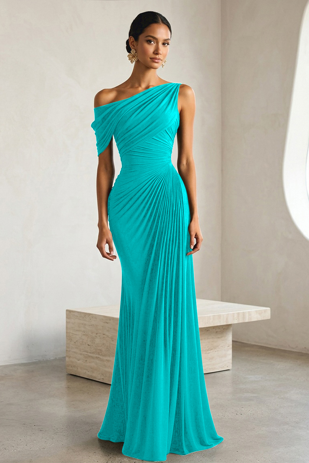 Timeless Black Architectural One-Shoulder Sheath Evening Gown