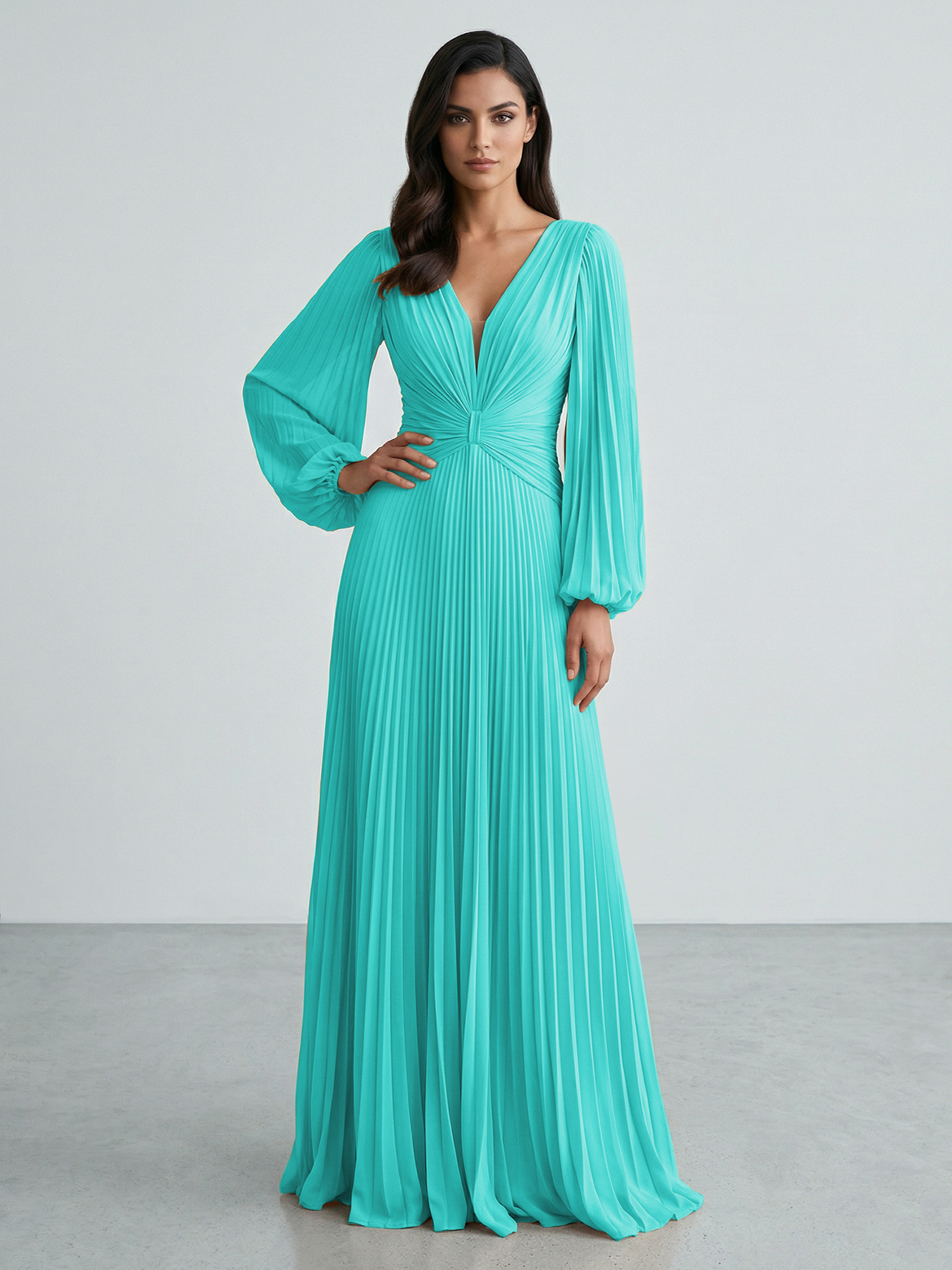 Slate Blue Plunging V-Neck Pleated Long Sleeve Maxi Dress Gown