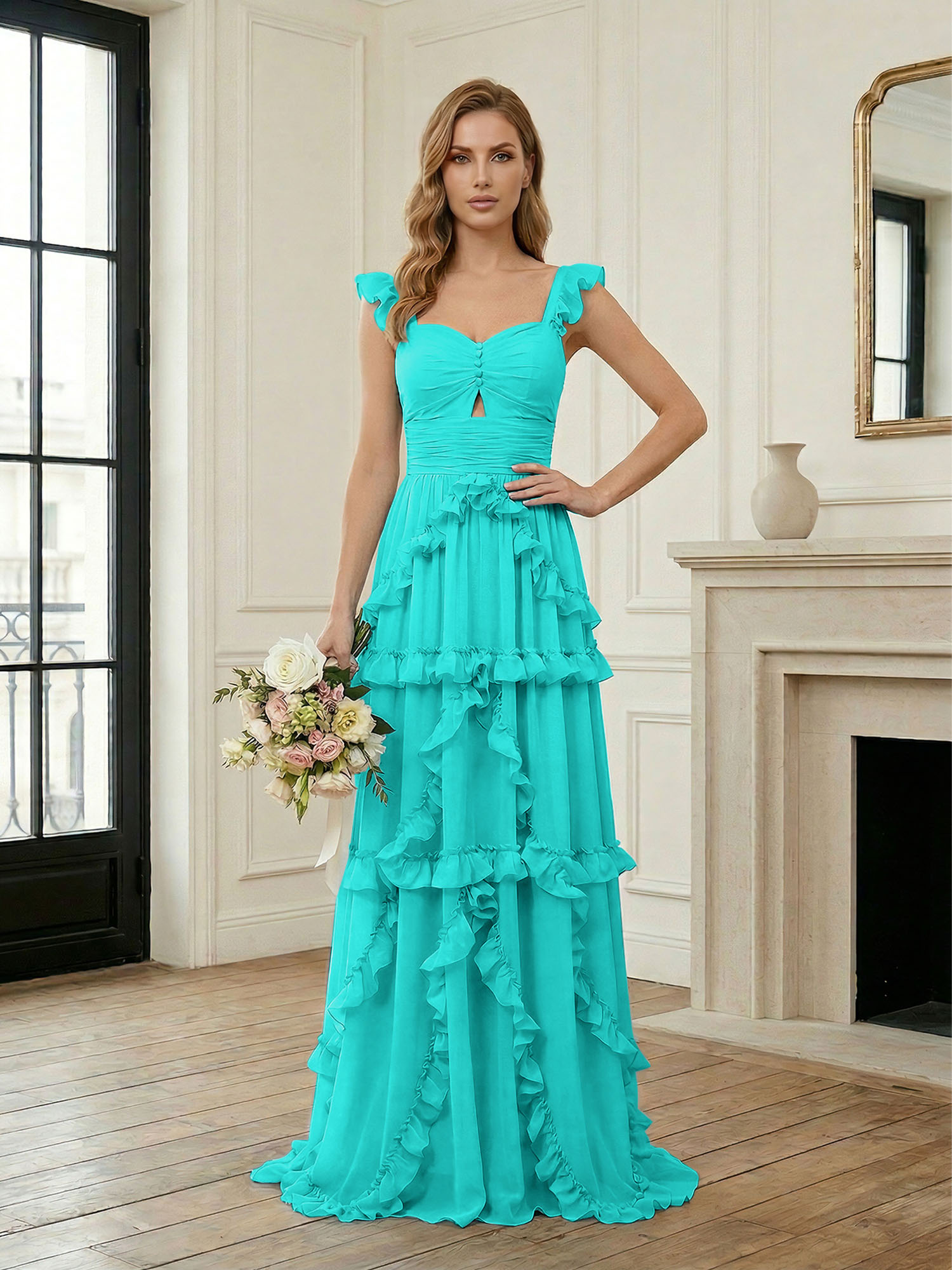 Ethereal Sky Blue Tiered Ruffle Chiffon Maxi Dress Gown