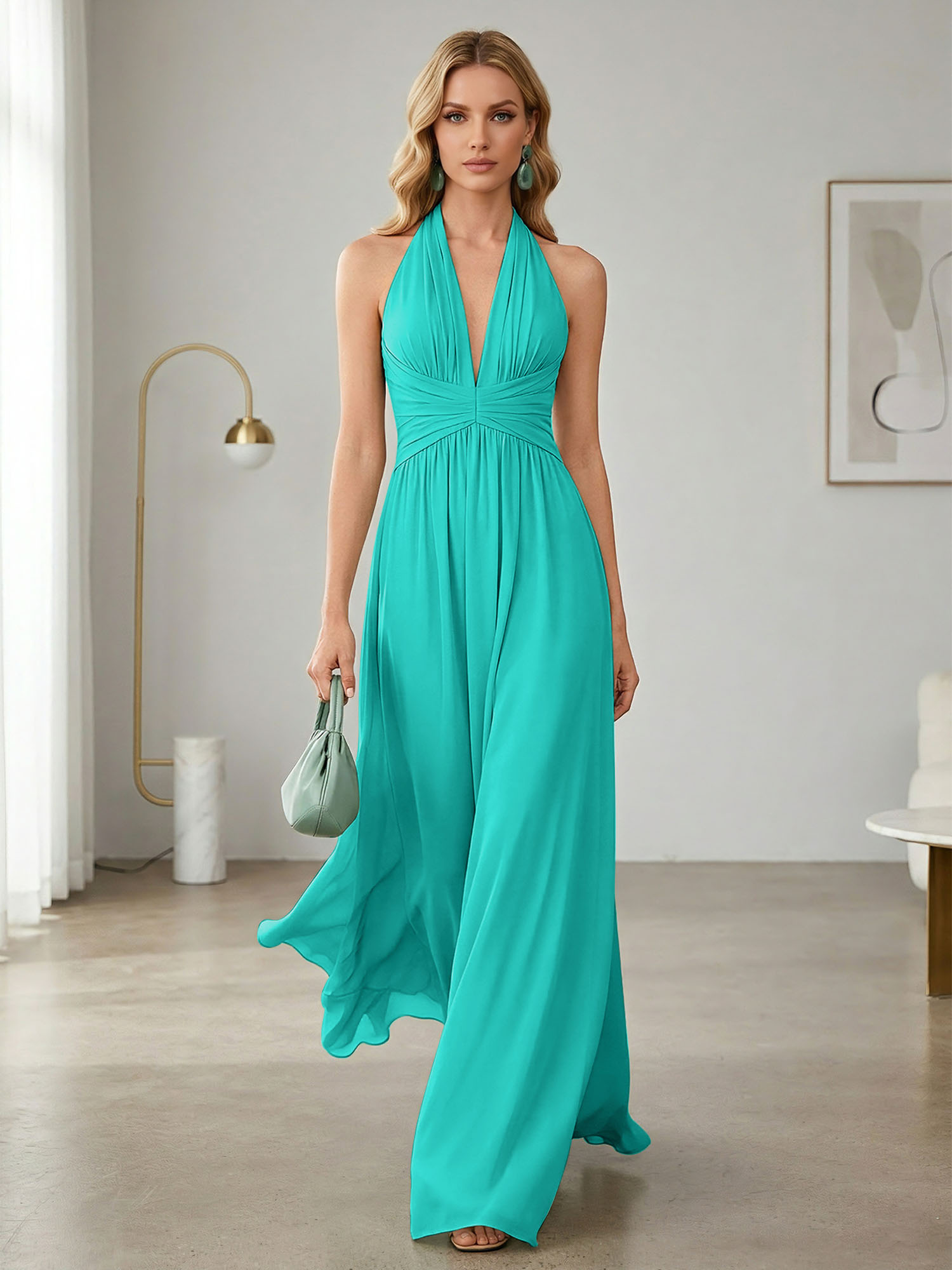 Elegant Sage Green Halter Chiffon Maxi Gown