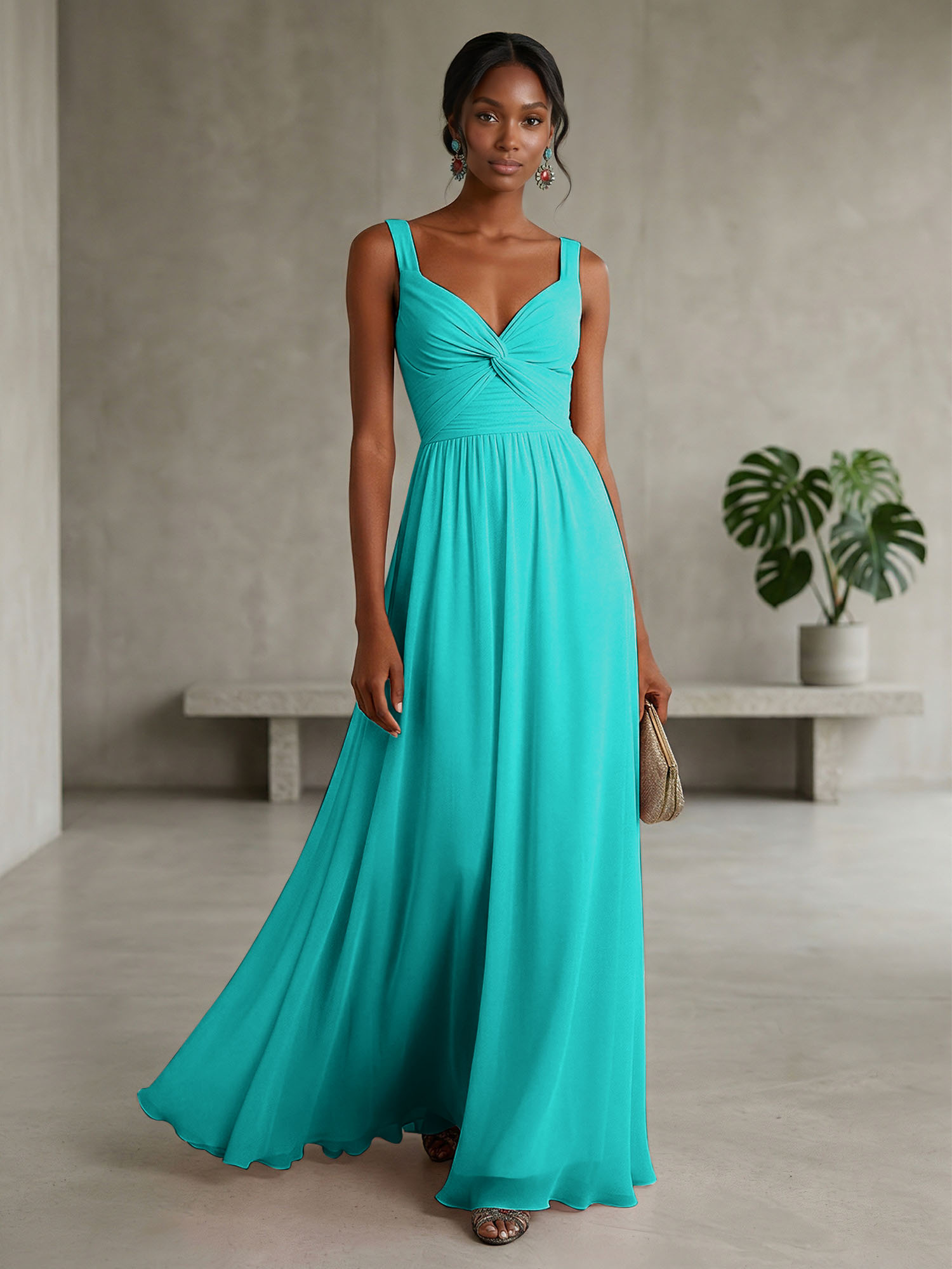 Elegant Soft Blush Twist-Front Chiffon Maxi Gown