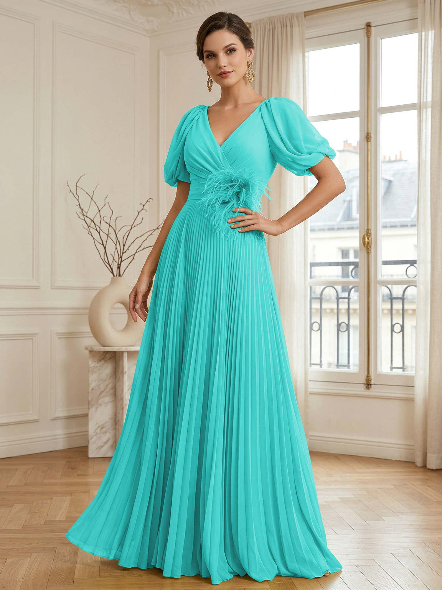 A-Line Chiffon Evening Gown with Feather V-Neck Short Sleeves Formal Dress