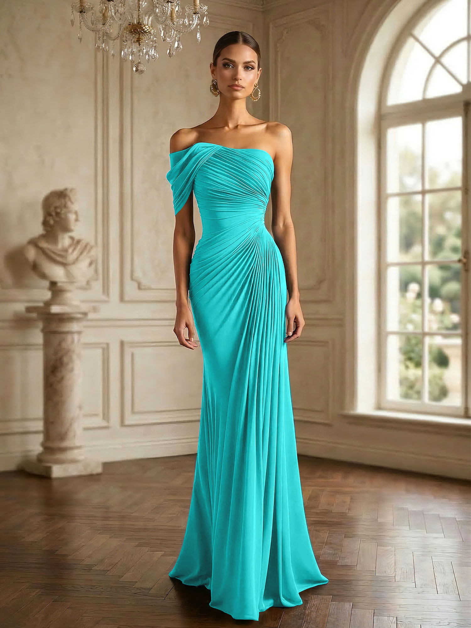 One Shoulder Pleat Mermaid Chiffon Evening Dresses for Women Gown