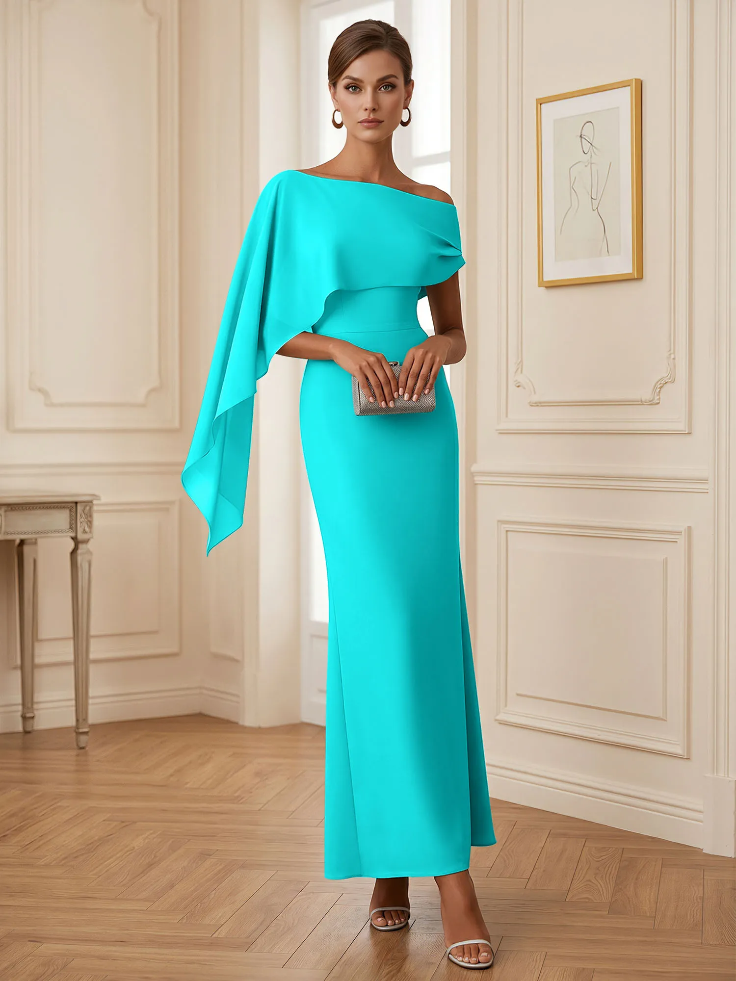 One-Shoulder Chiffon Overlay Mermaid Evening Gown