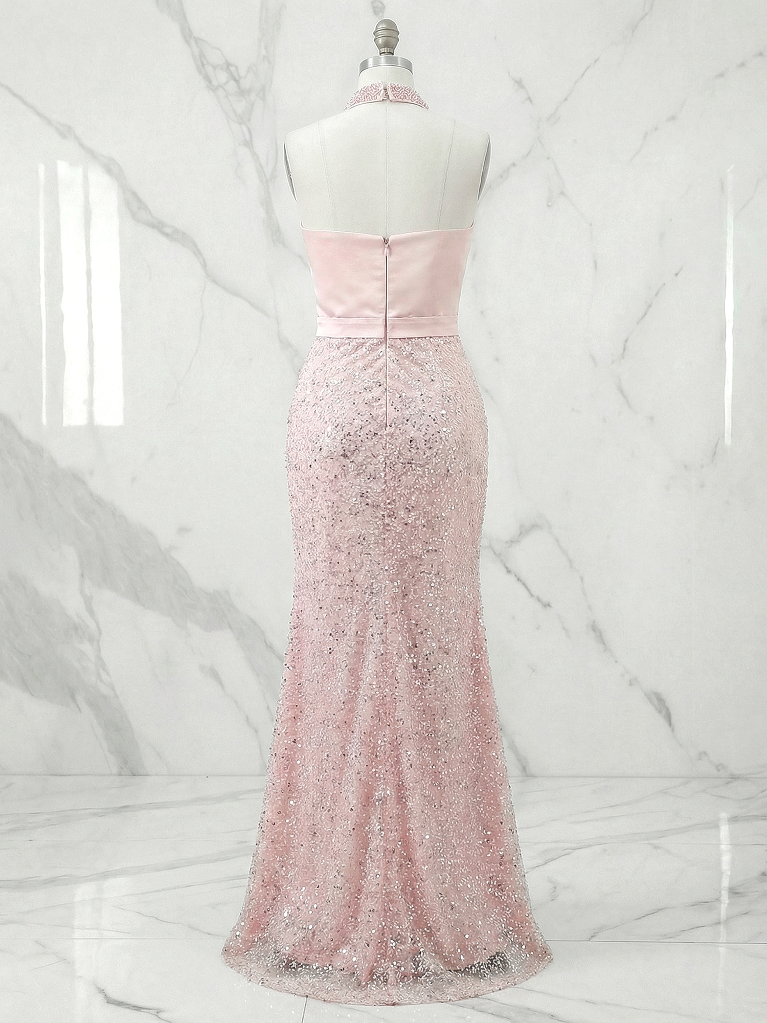 Glamorous Blush Pink Beaded Halter Sequin Maxi Dress Gown