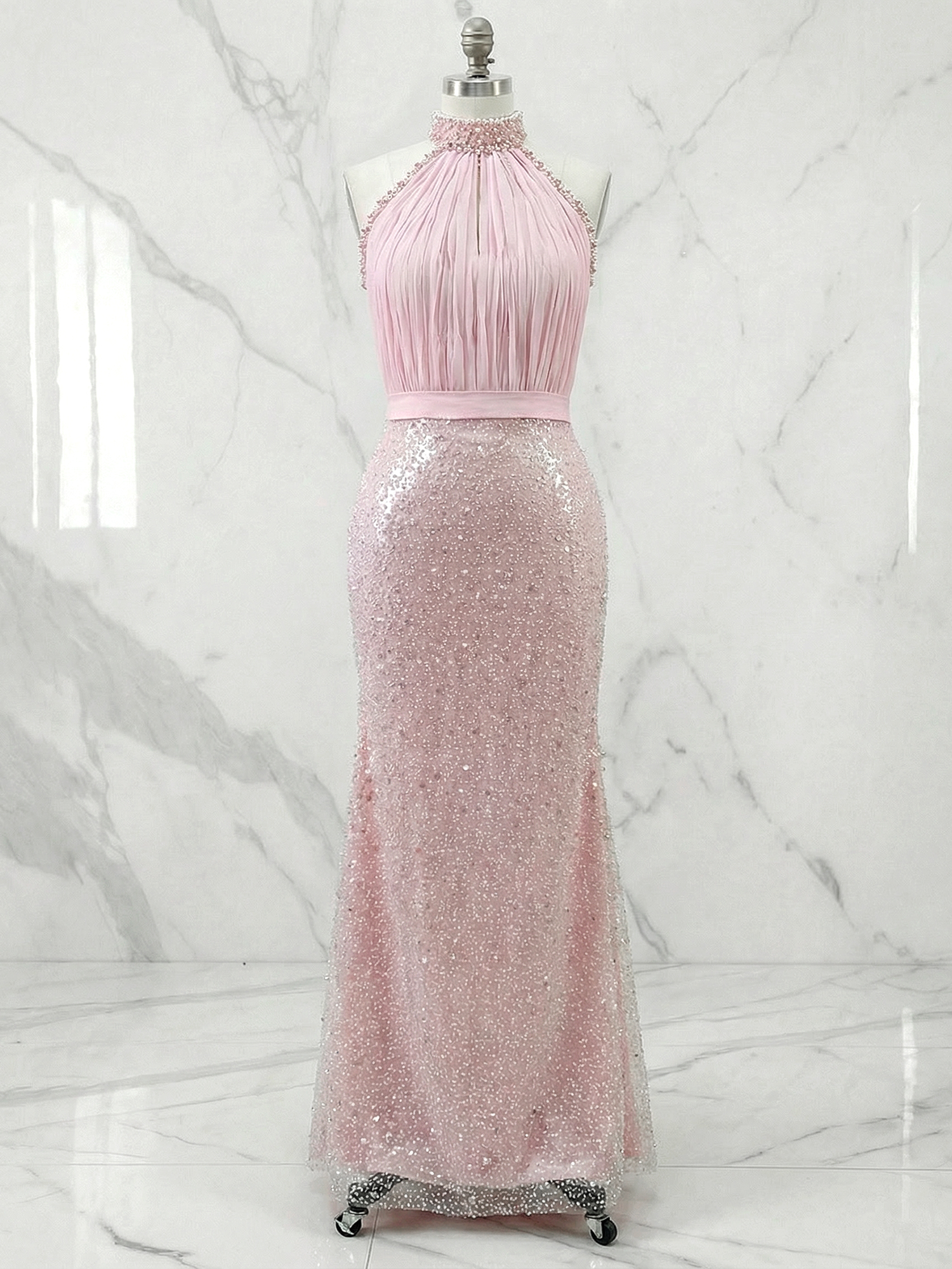 Glamorous Blush Pink Beaded Halter Sequin Maxi Dress Gown