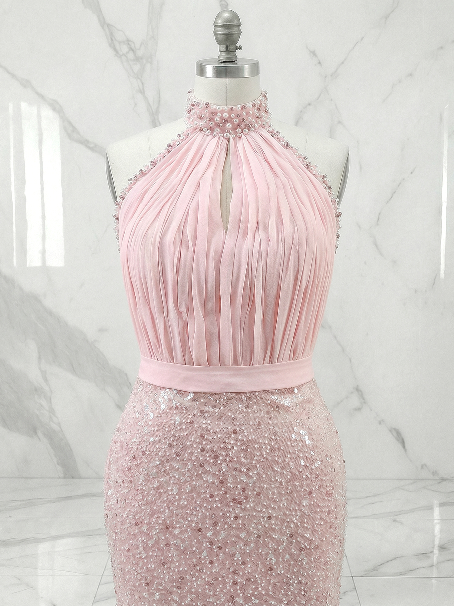 Glamorous Blush Pink Beaded Halter Sequin Maxi Dress Gown