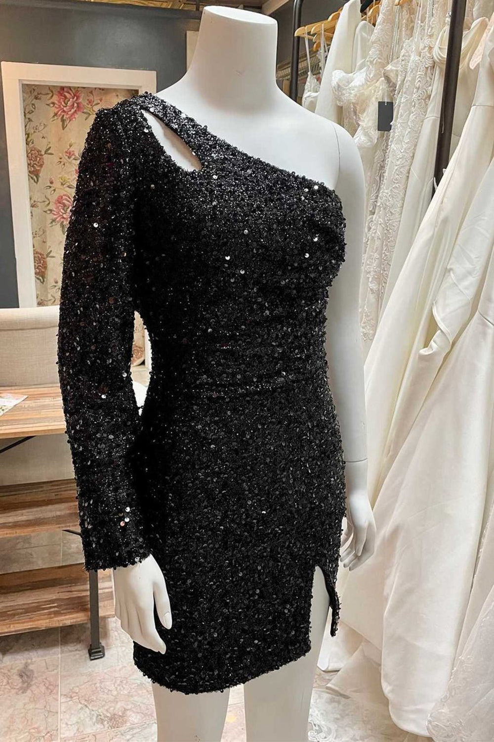 Red Sequins One Shoulder Keyhole Short Homecoming Dress With Slit