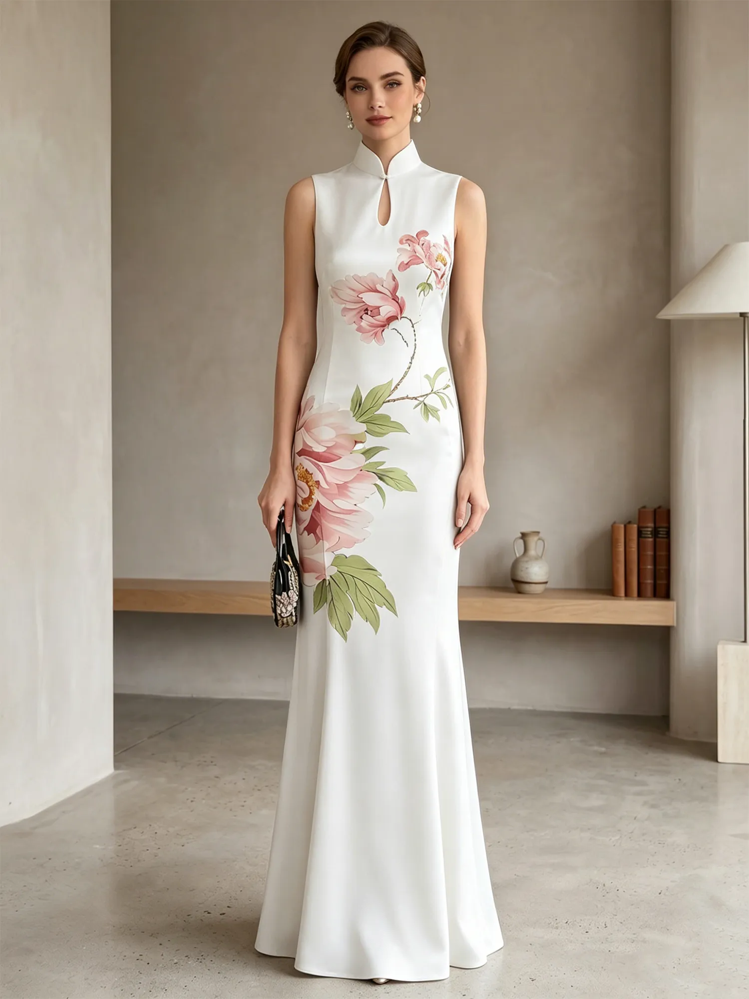 Satin Qipao-Inspired Floral Mermaid Evening Gown