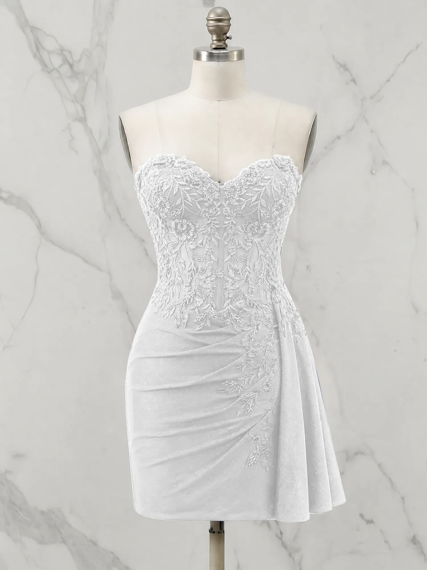 Strapless Lace Appliqué Glitter Homecoming Dress with Side Drape
