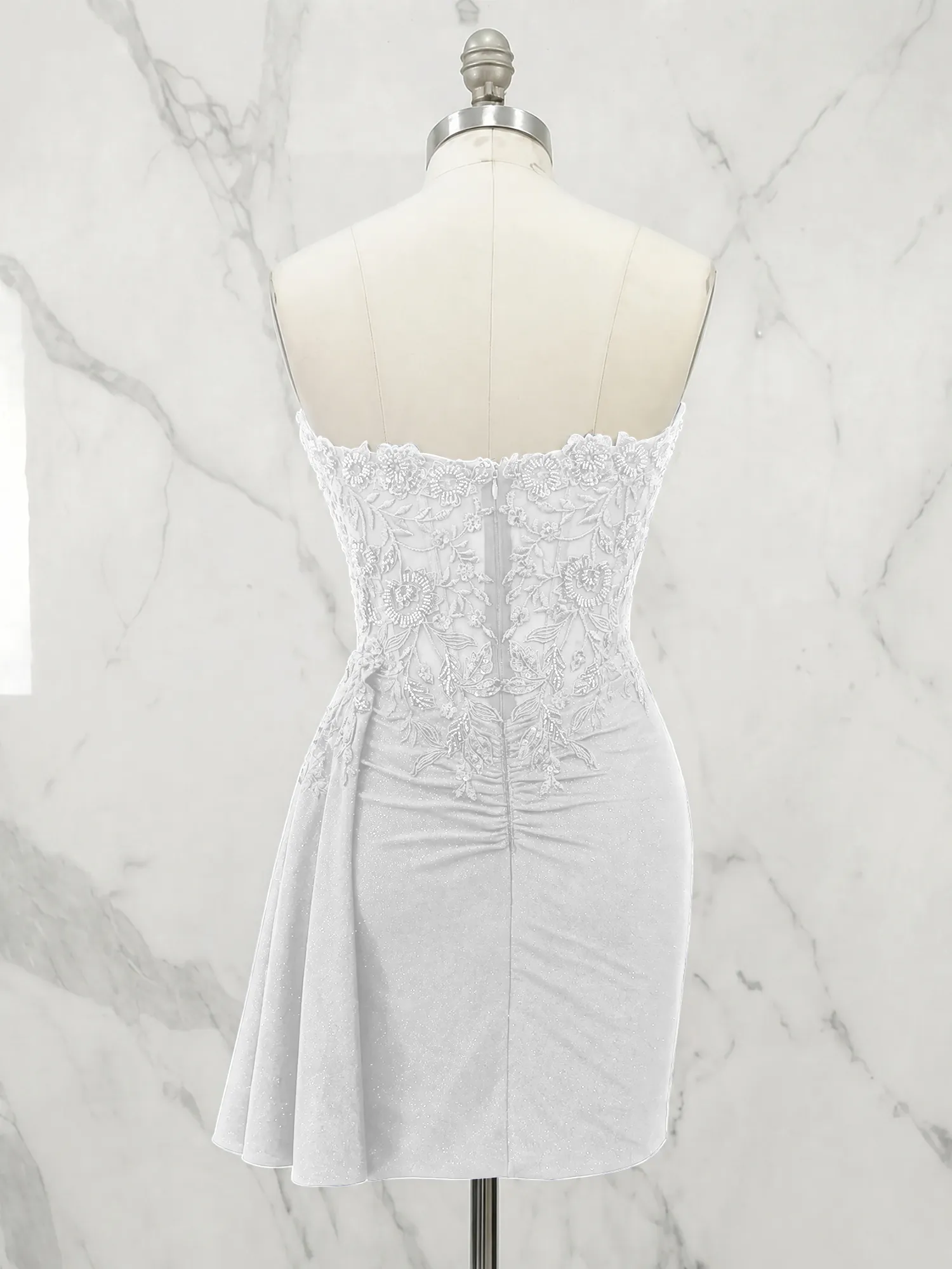 Strapless Lace Appliqué Glitter Homecoming Dress with Side Drape