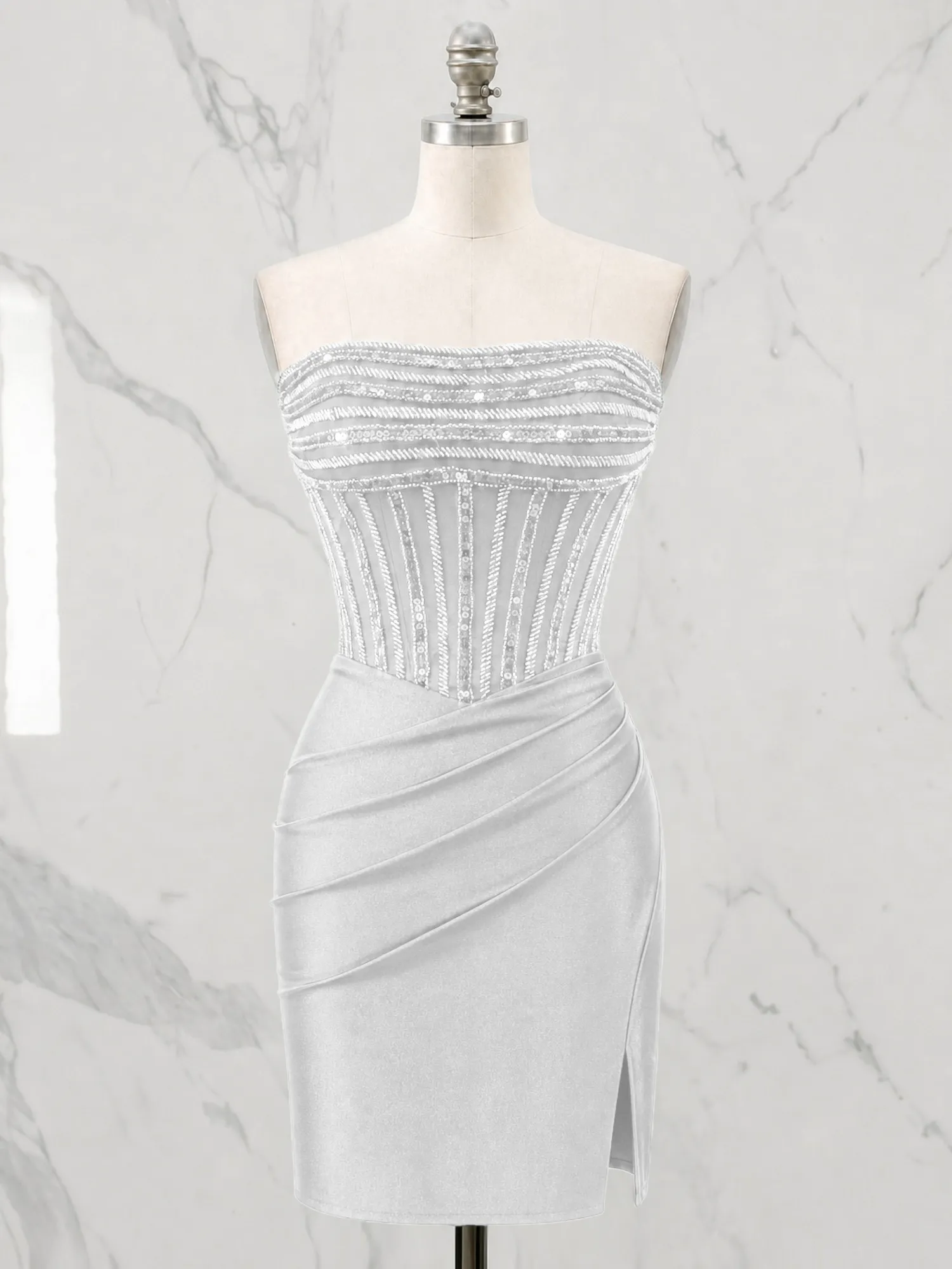 Strapless Beaded Corset Homecoming Dress with Ruched Skirt