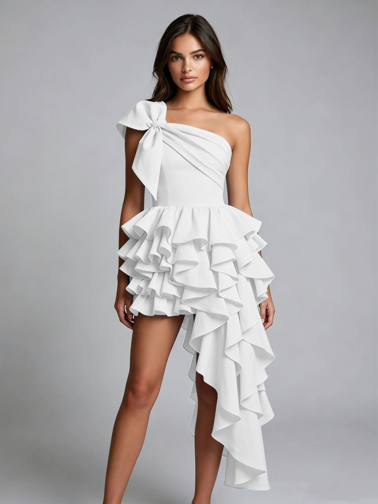 One-Shoulder Bow Tiered Ruffle Asymmetrical Homecoming Dress