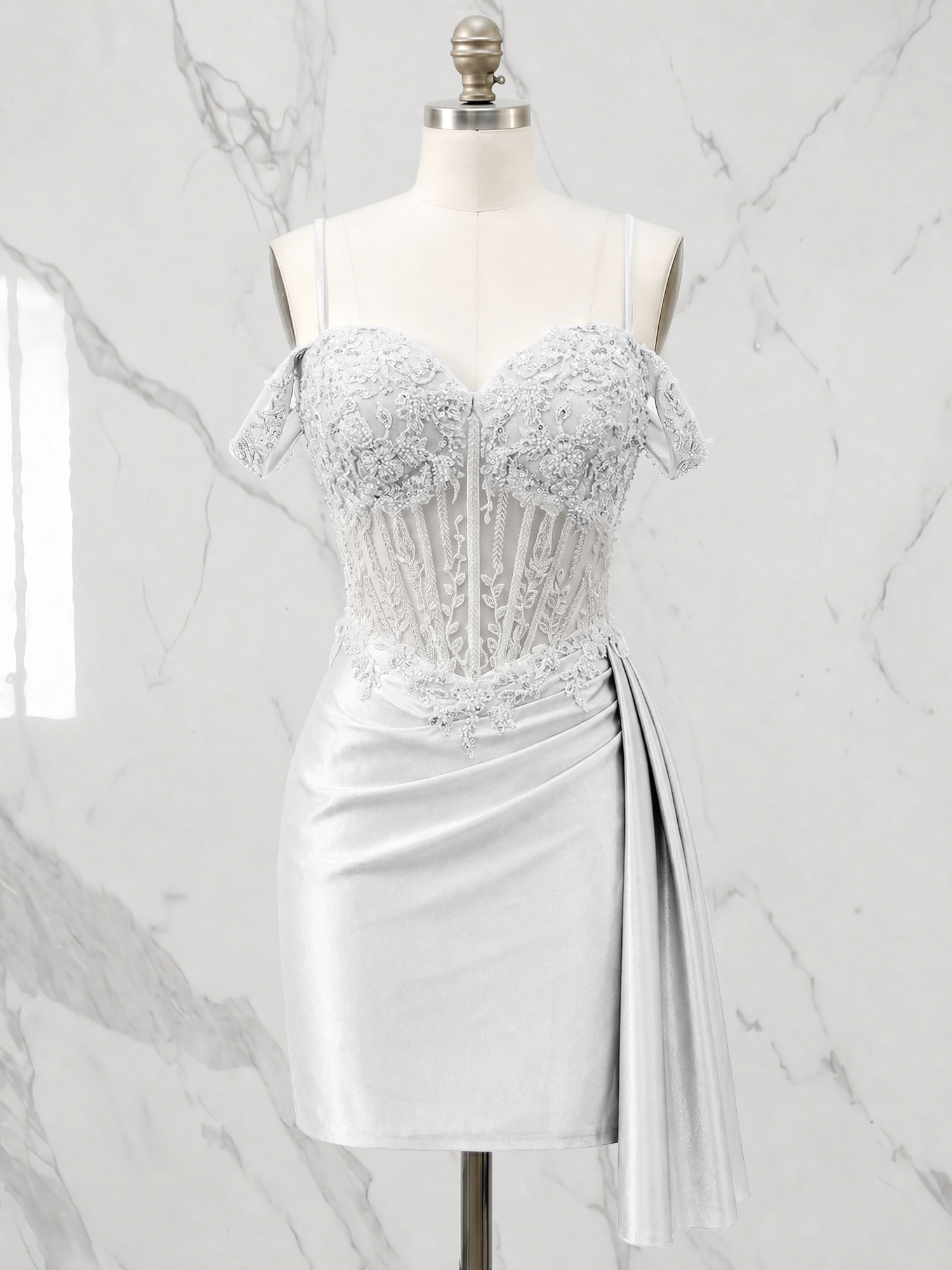Off-the-Shoulder Lace Corset Homecoming Dress with Side Drape