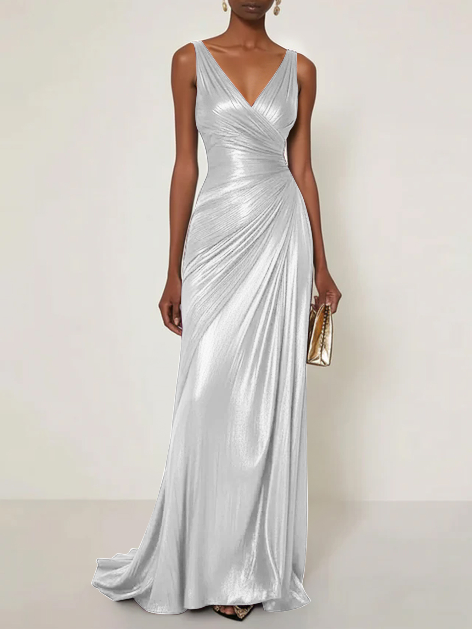 Evening Formal Dress V Neck Silk Ruffles Maxi Dress Gown