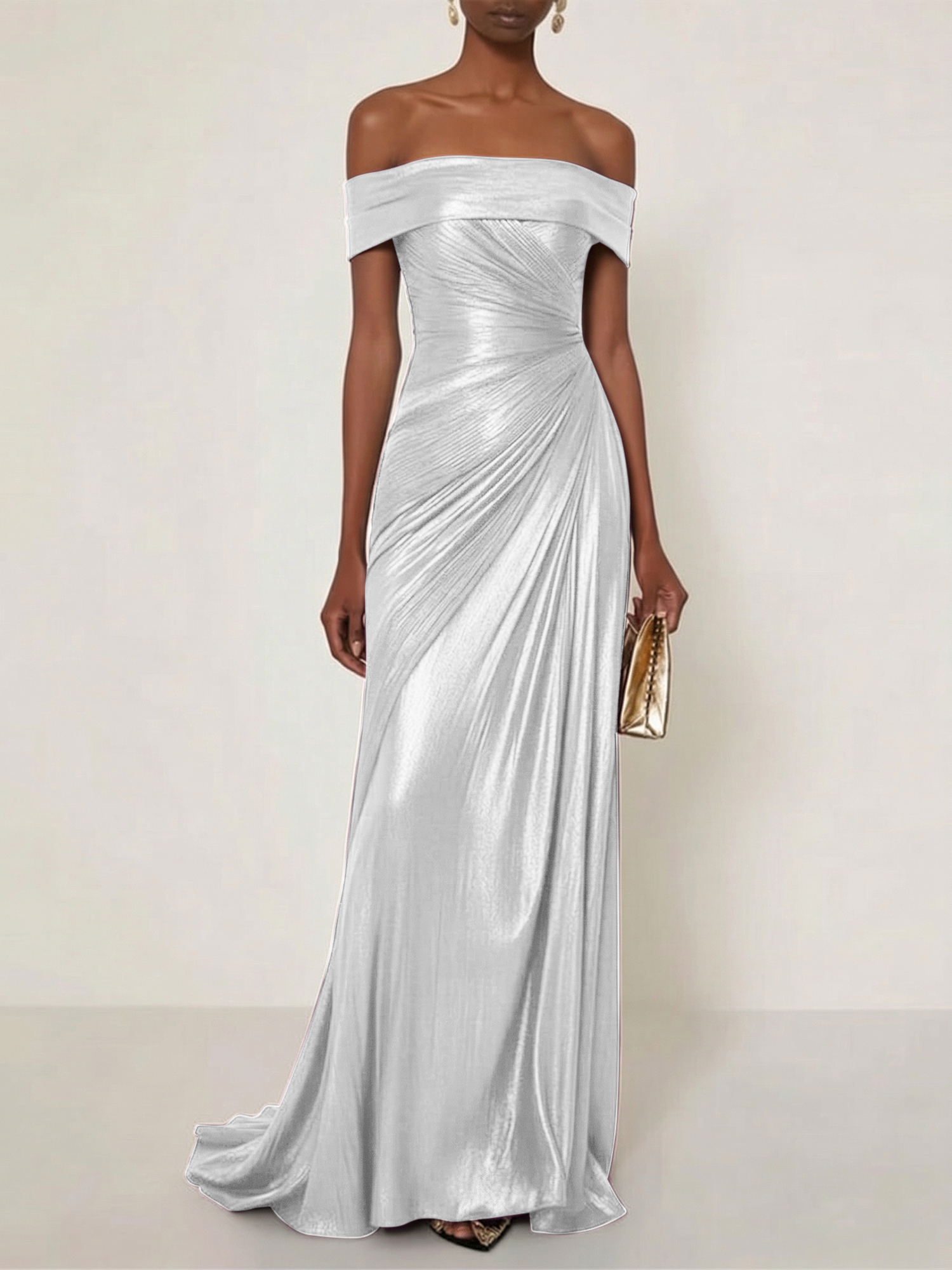 Evening Formal Dress Off the Shoulder Silver Silk Ruffles Strapless Maxi Dress