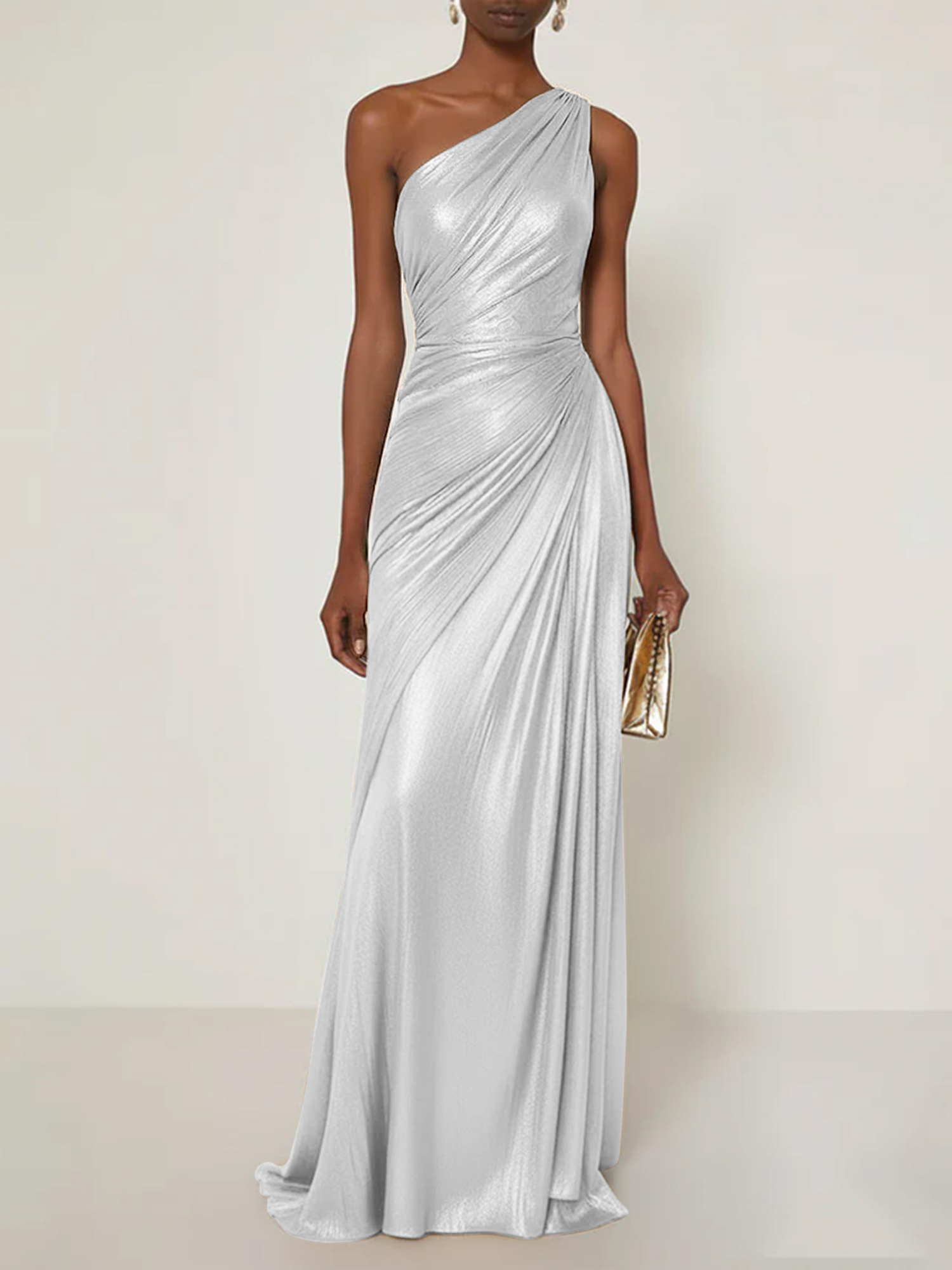 Evening Formal Dress V Neck One Shoulder Silk Ruffles Maxi Dress