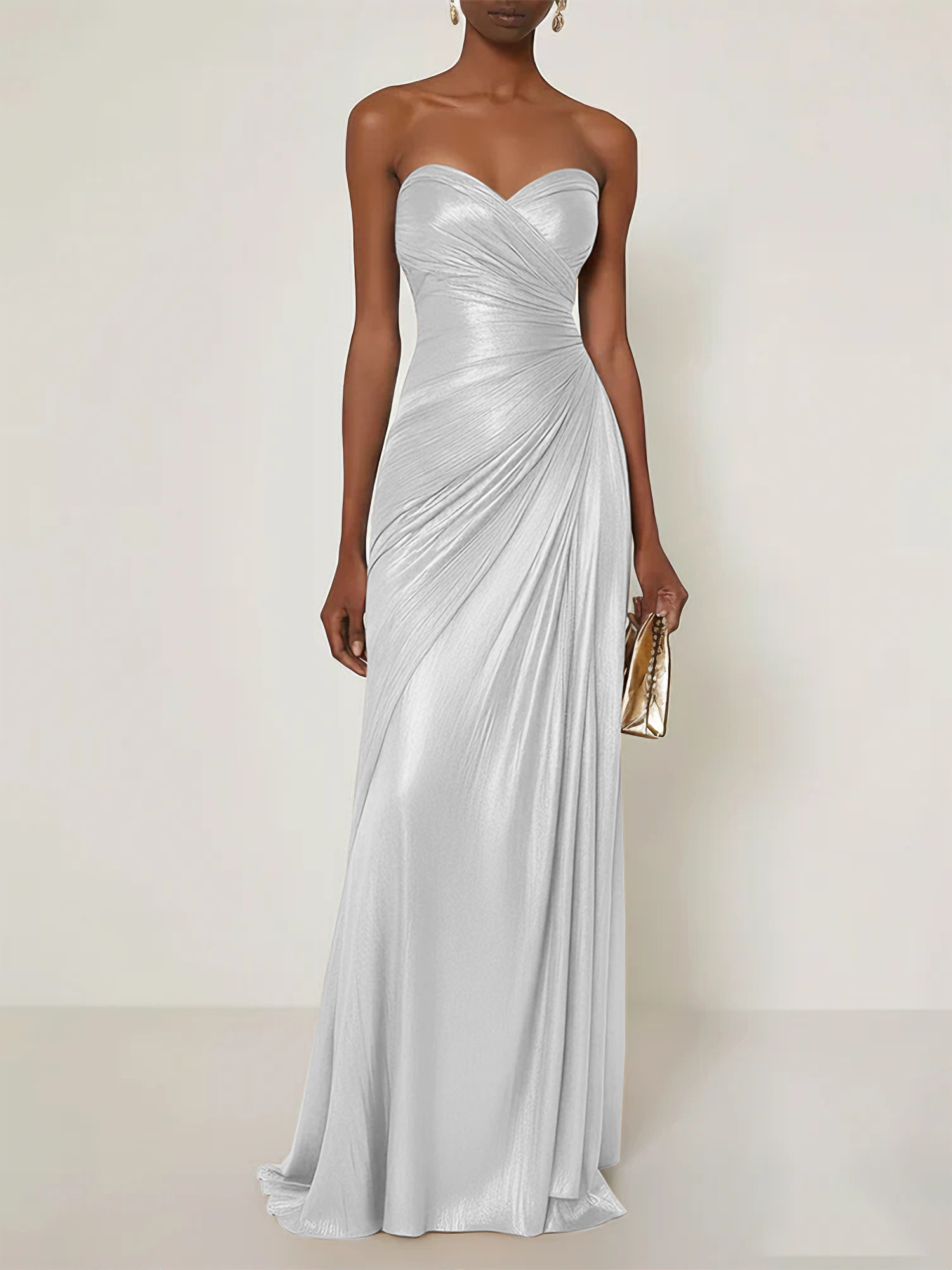 Evening Formal Dress V Neck Silk Ruffles Strapless Maxi Dress