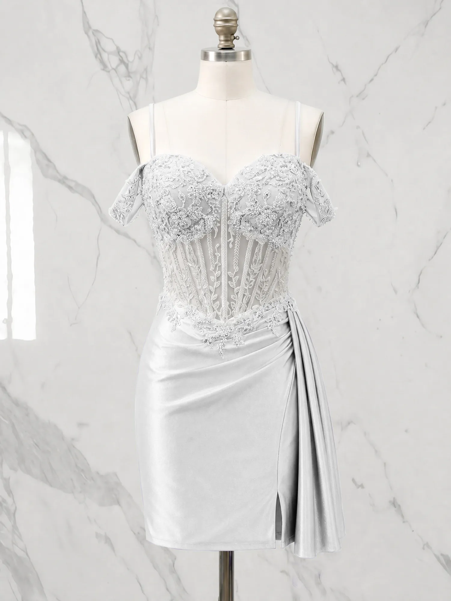 Off-the-Shoulder Lace Corset Homecoming Dress with Draped Skirt