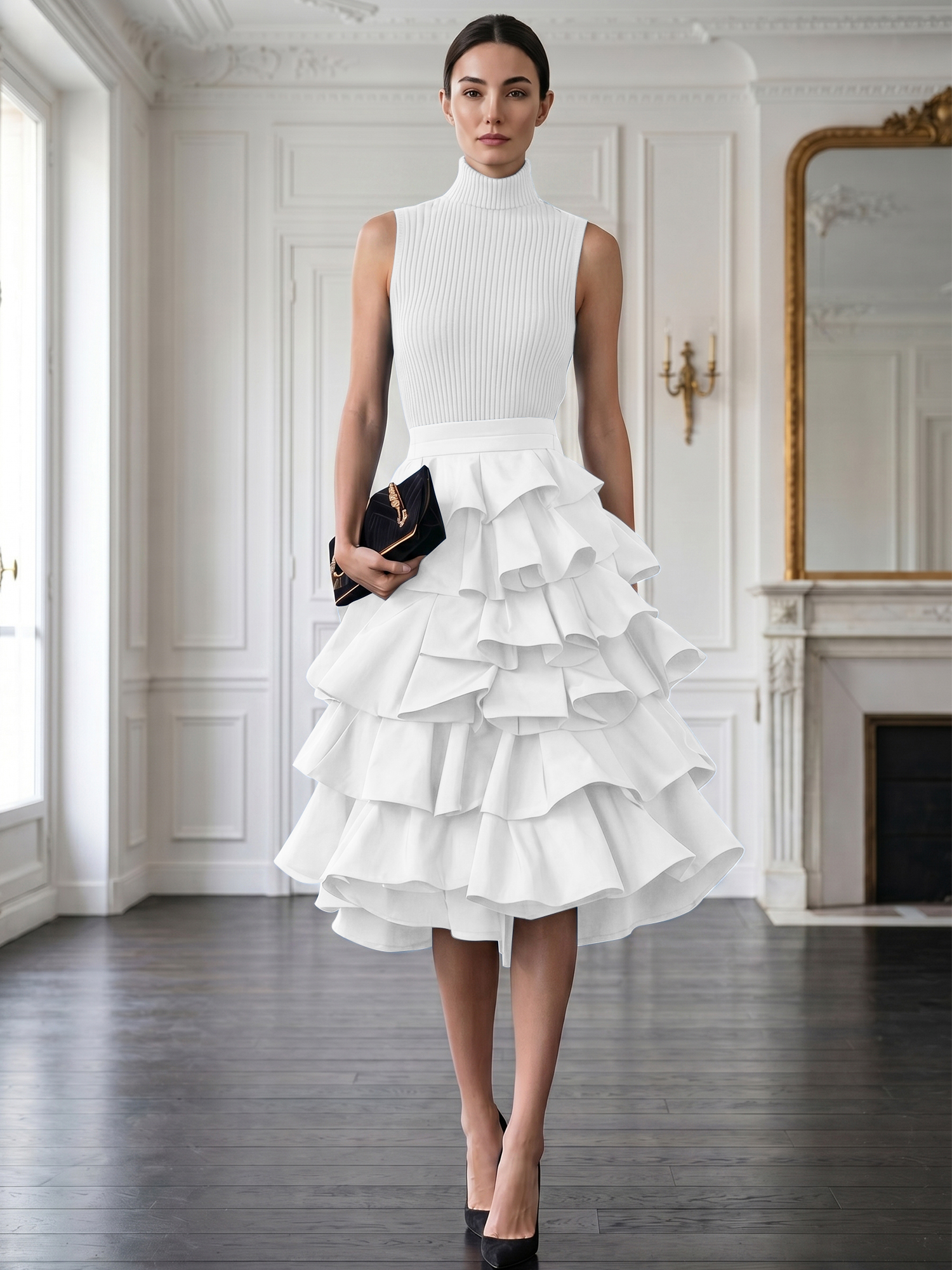 Avant-Garde Black High-Neck Tiered Ruffled Evening Gown