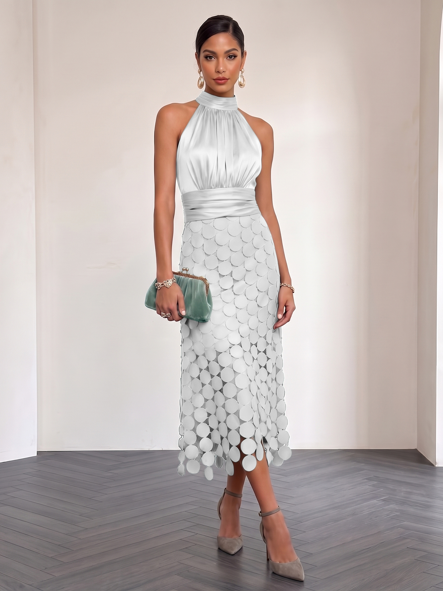 Ice Blue Satin Halter Circle Motif Midi Formal Evening Gown